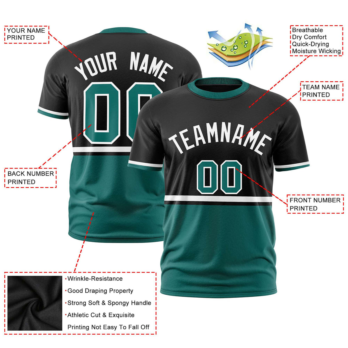 Custom Black White-Aqua Crew neck Color Block Design Performance T-Shirt