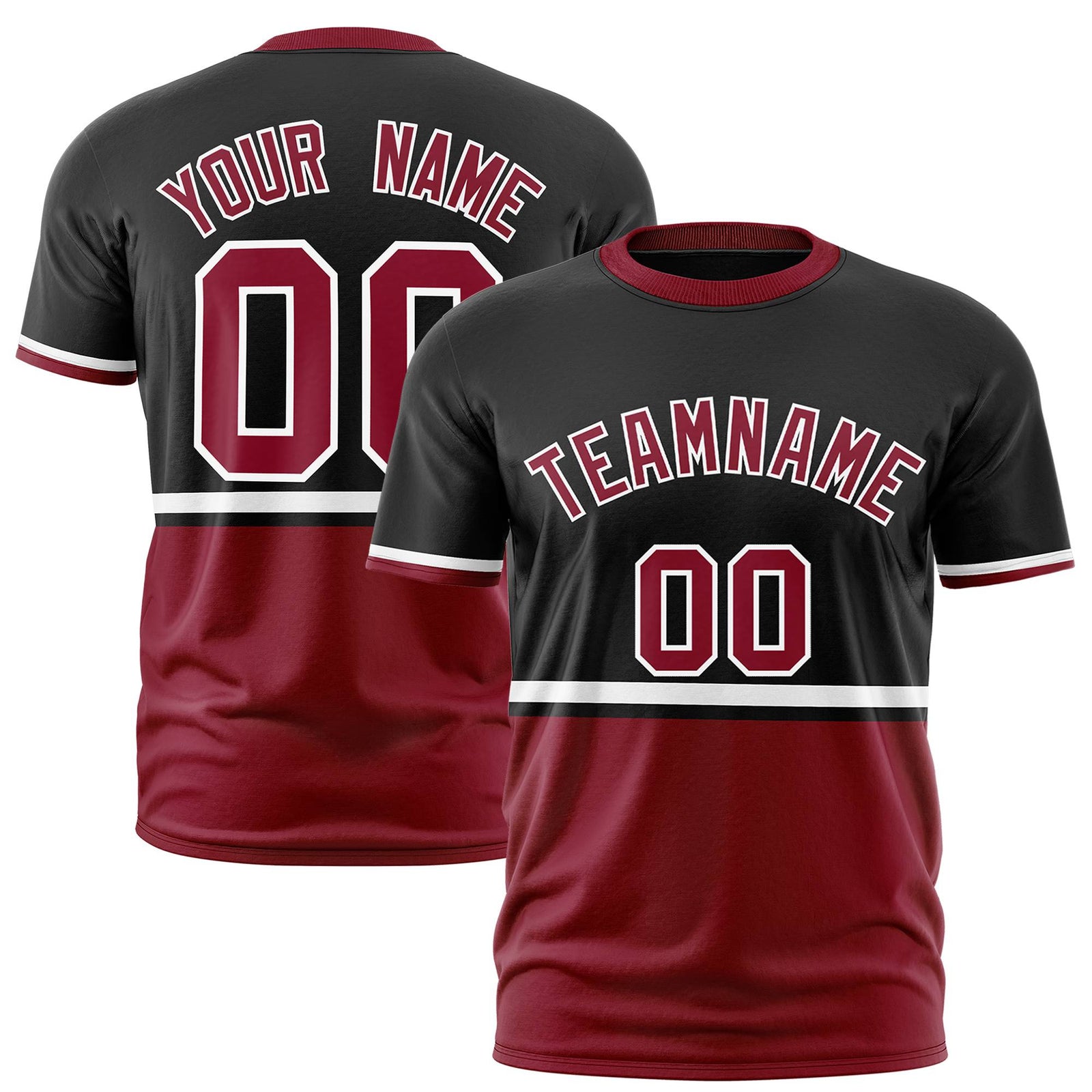 Custom Black White-Crimson Crew neck Color Block Design Performance T-Shirt