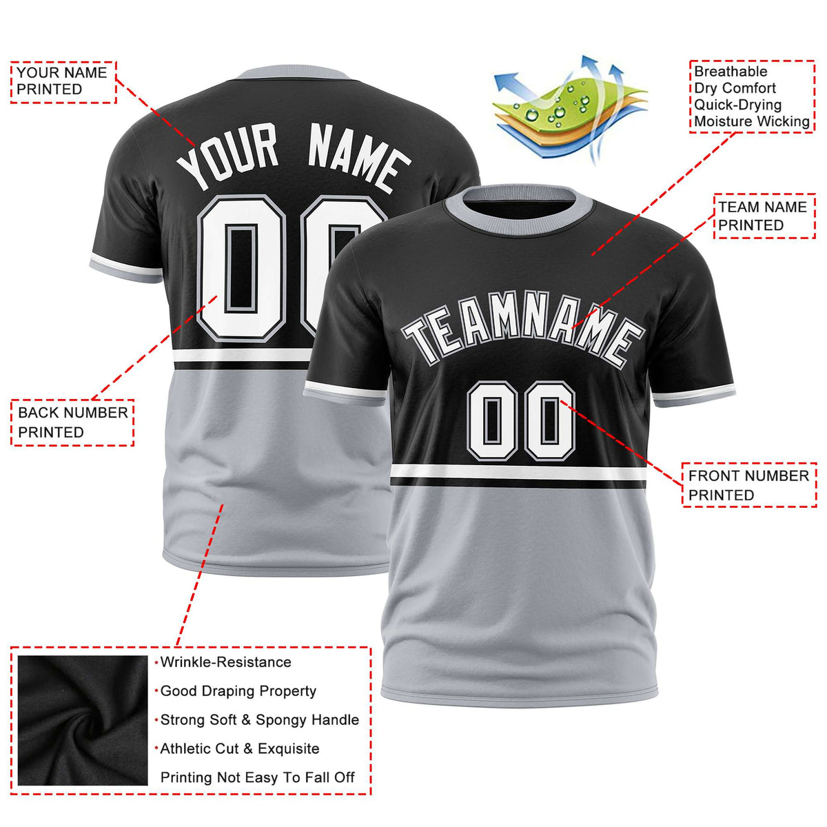 Custom Black White-Gray Crew neck Color Block Design Performance T-Shirt