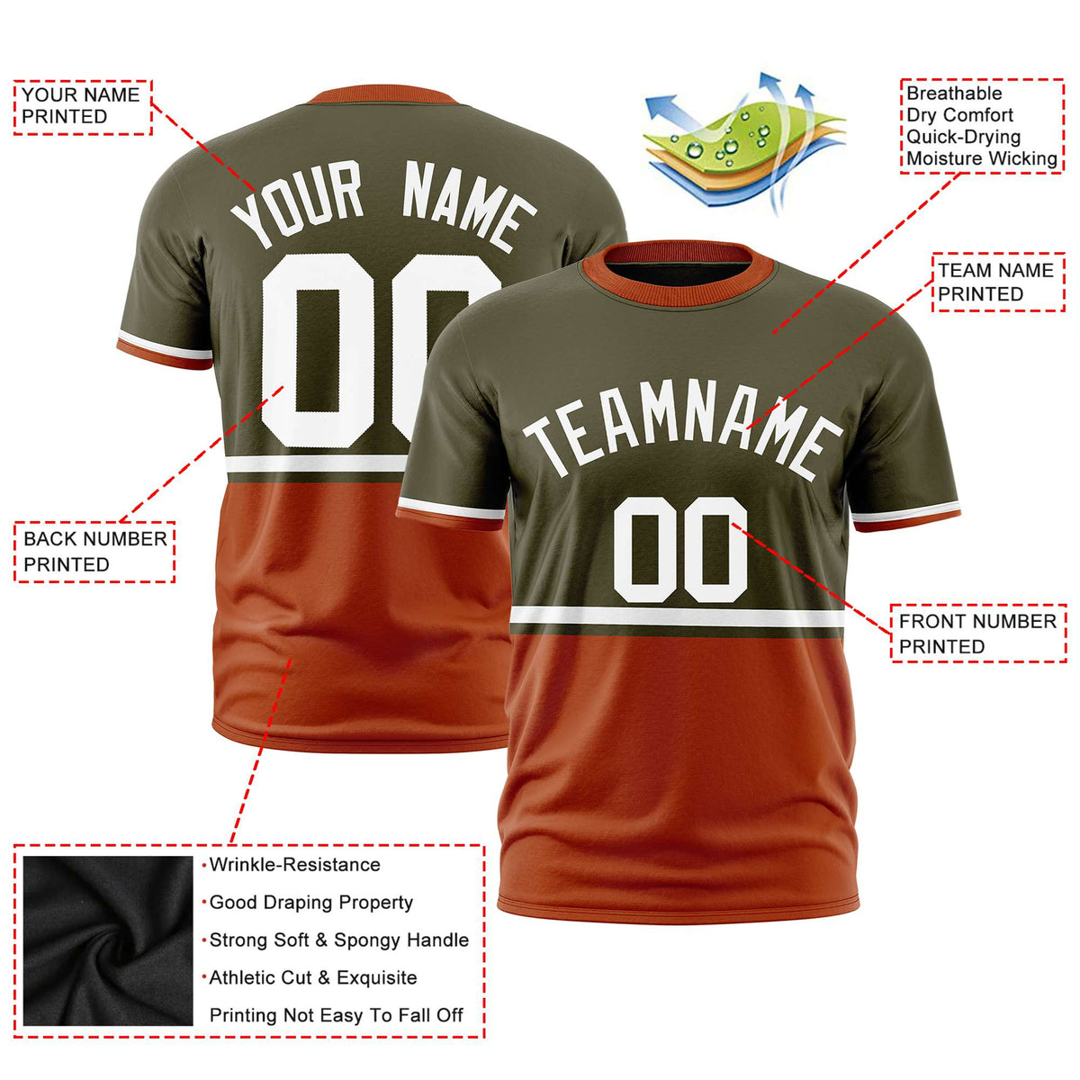Custom Olive White-Orange Crew neck Color Block Design Performance T-Shirt