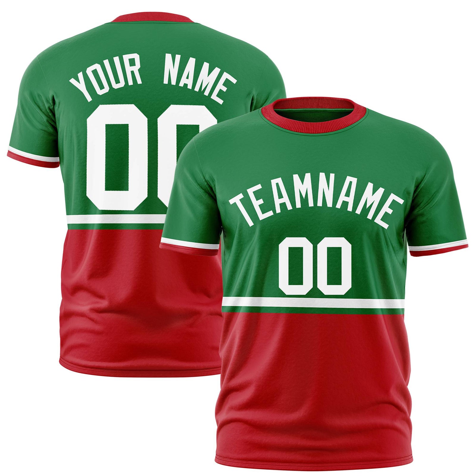 Custom Kelly Green White-Red Crew neck Color Block Design Performance T-Shirt