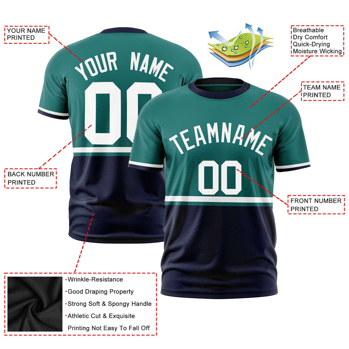 Custom Aqua White-Navy Crew neck Color Block Design Performance T-Shirt