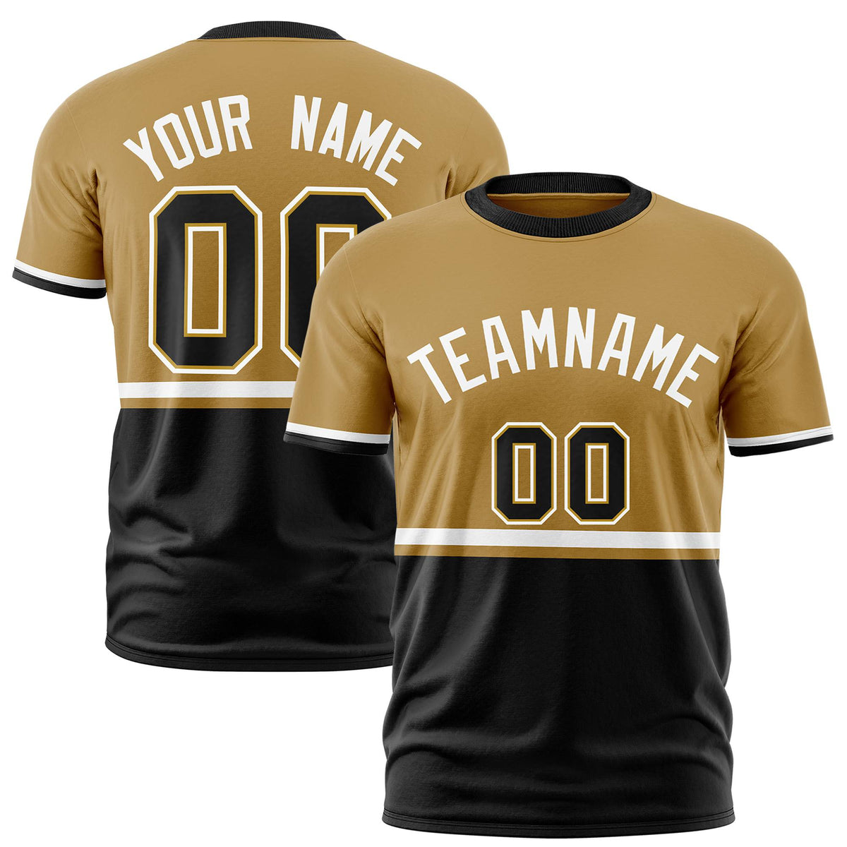 Custom Old Gold White-Black Crew neck Color Block Design Performance T-Shirt