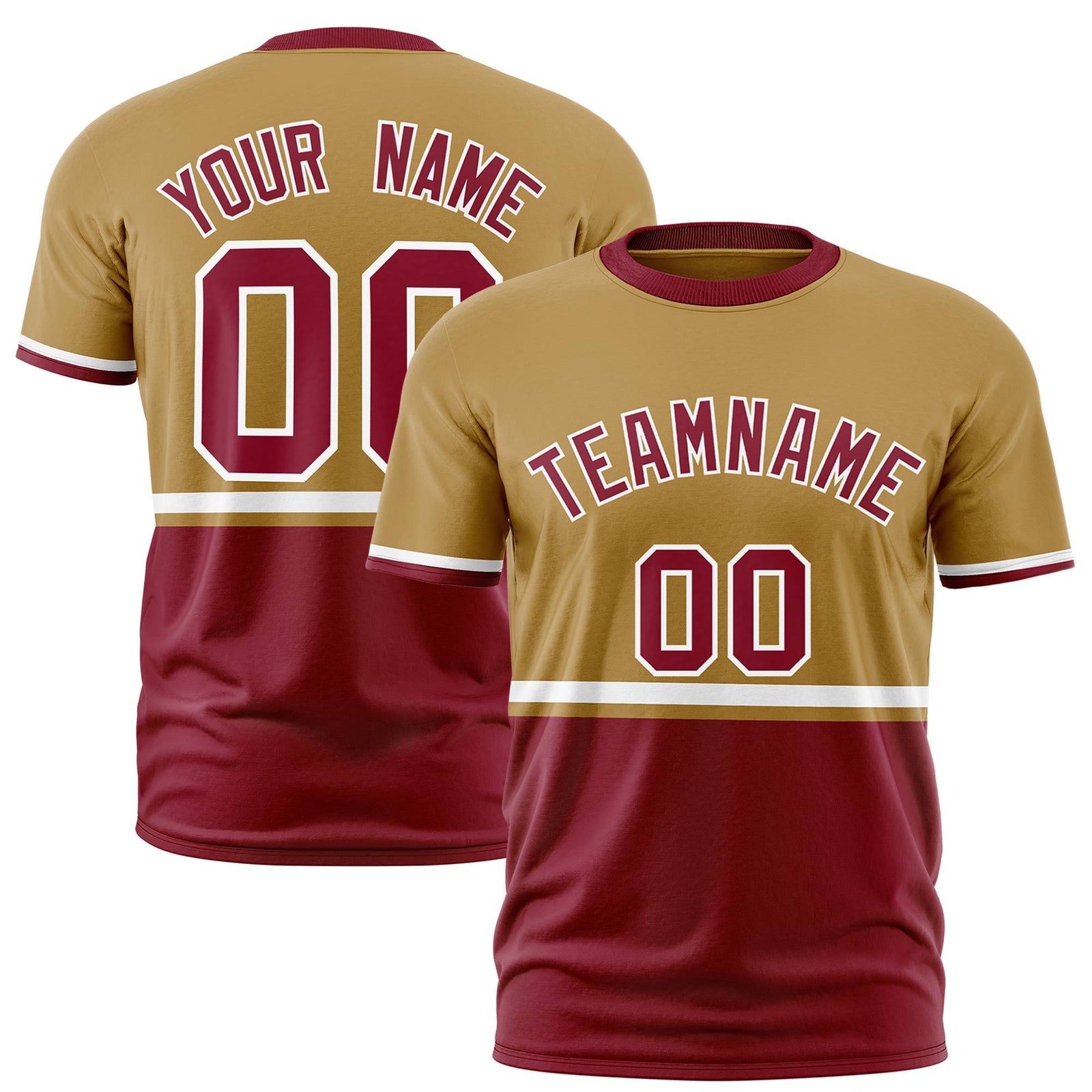 Custom Old Gold White-Crimson Crew neck Color Block Design Performance T-Shirt