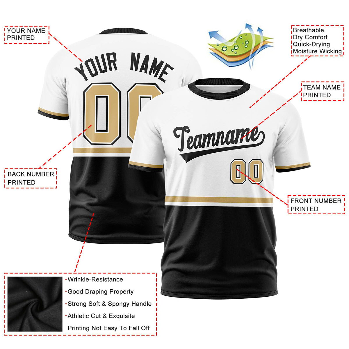 Custom White Old Gold-Black Crew neck Color Block Design Performance T-Shirt