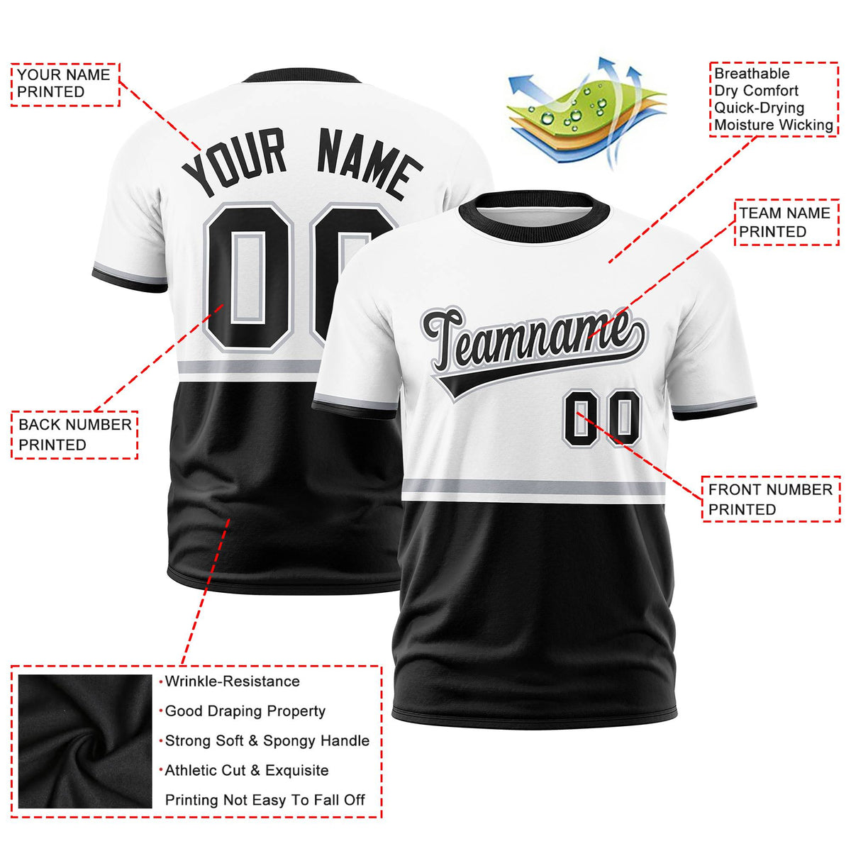 Custom White Gray-Black Crew neck Color Block Design Performance T-Shirt