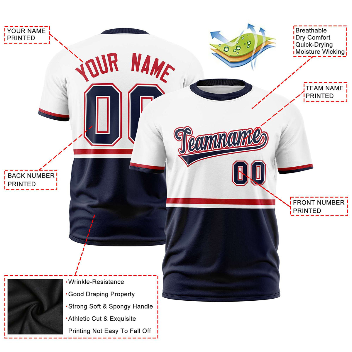 Custom White Red-Navy Crew neck Color Block Design Performance T-Shirt