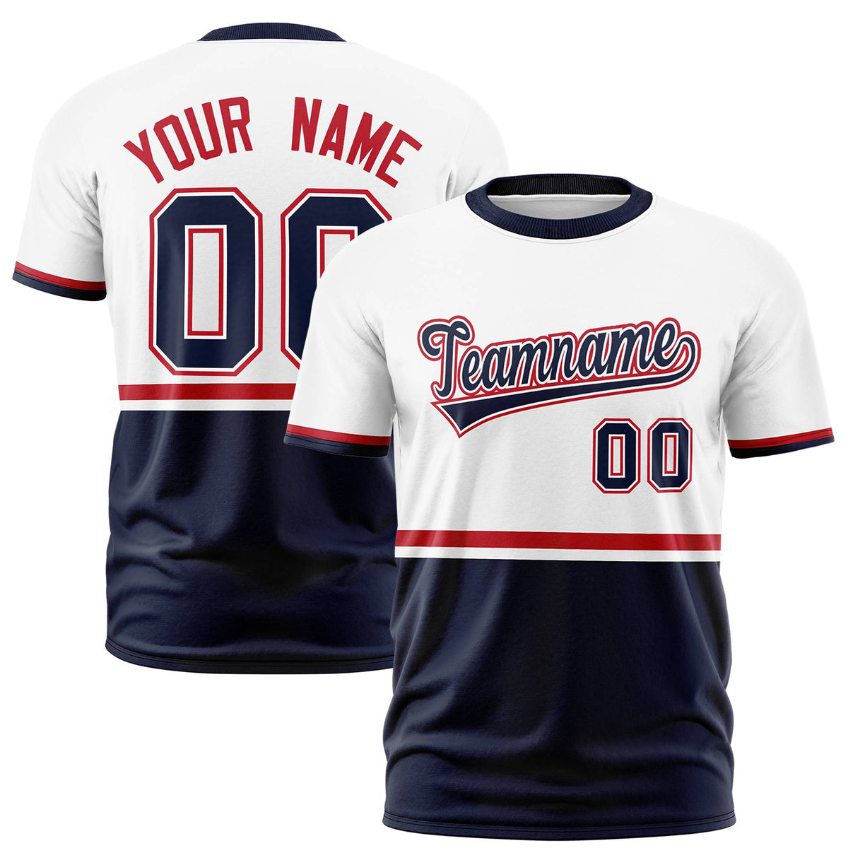 Custom White Red-Navy Crew neck Color Block Design Performance T-Shirt