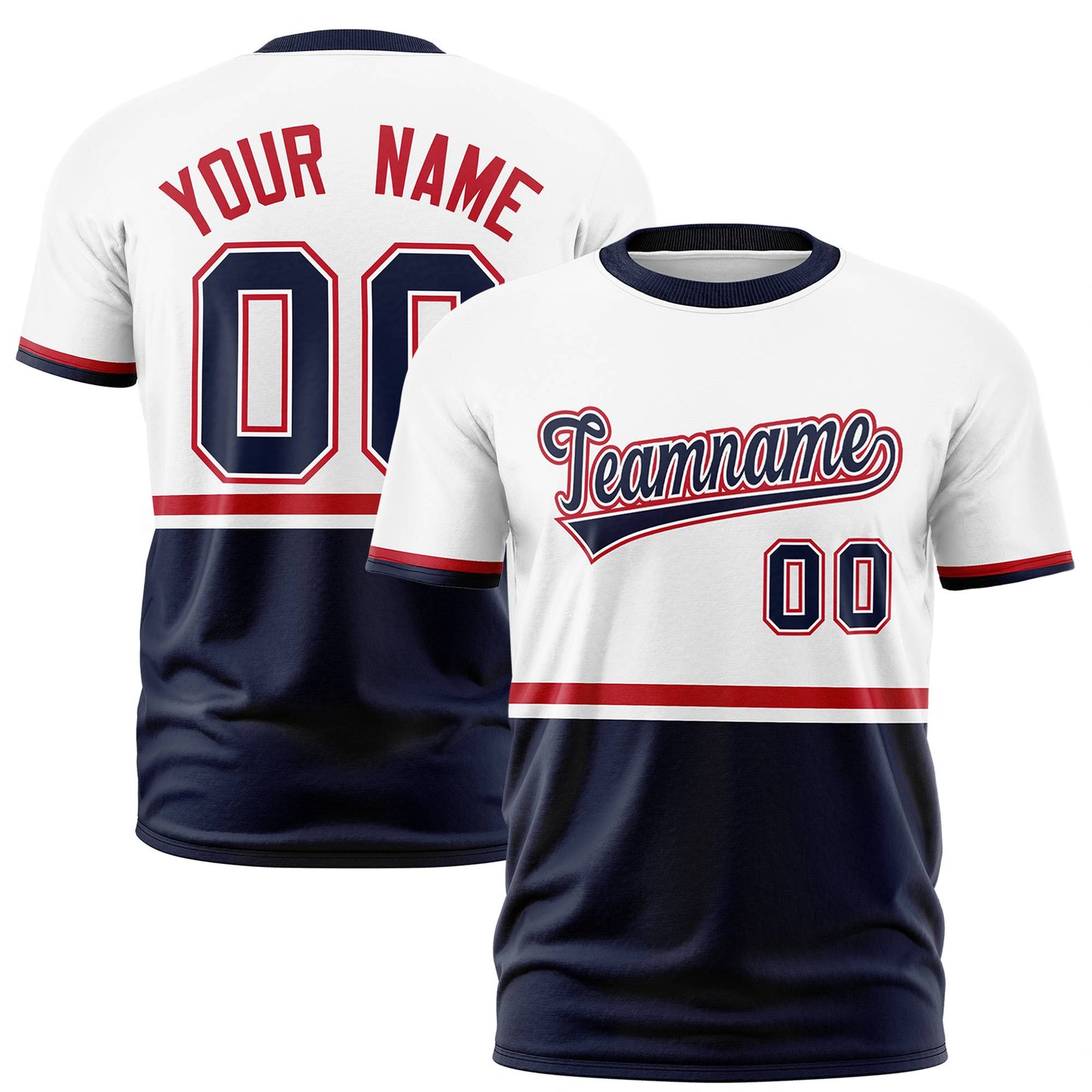 Custom White Red-Navy Crew neck Color Block Design Performance T-Shirt