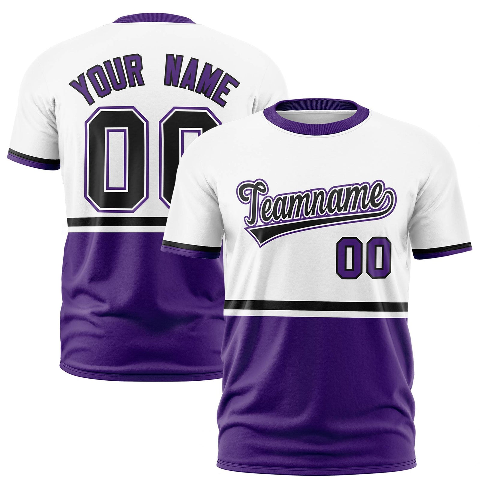 Custom White Black-Purple Crew neck Color Block Design Performance T-Shirt