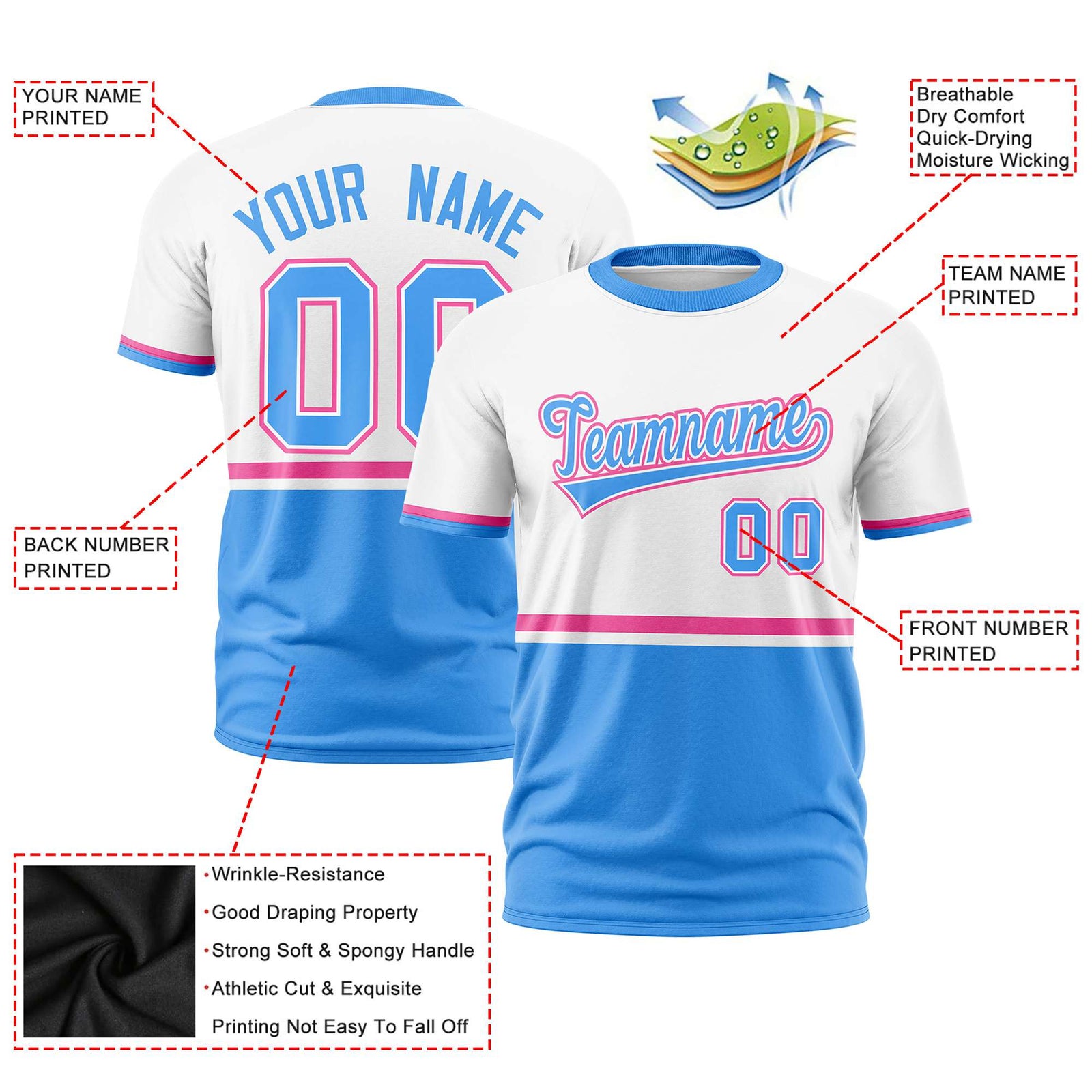 Custom White Pink-Powder Blue Crew neck Color Block Design Performance T-Shirt