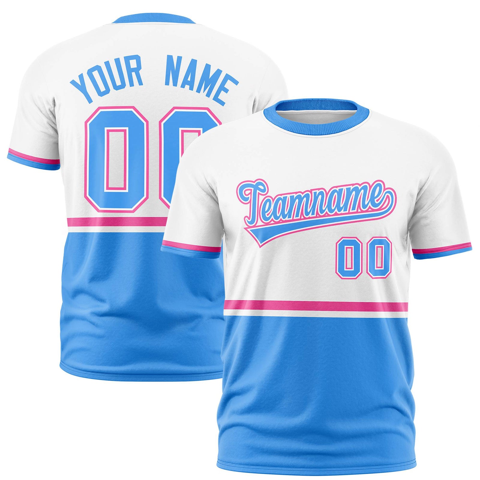 Custom White Pink-Powder Blue Crew neck Color Block Design Performance T-Shirt