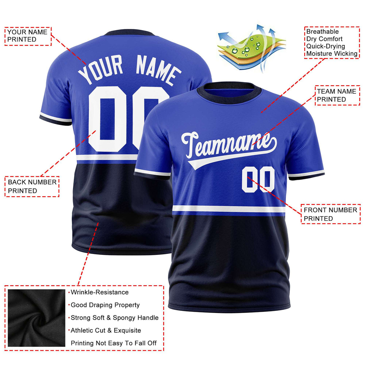 Custom Royal Blue White-Navy Crew neck Color Block Design Performance T-Shirt