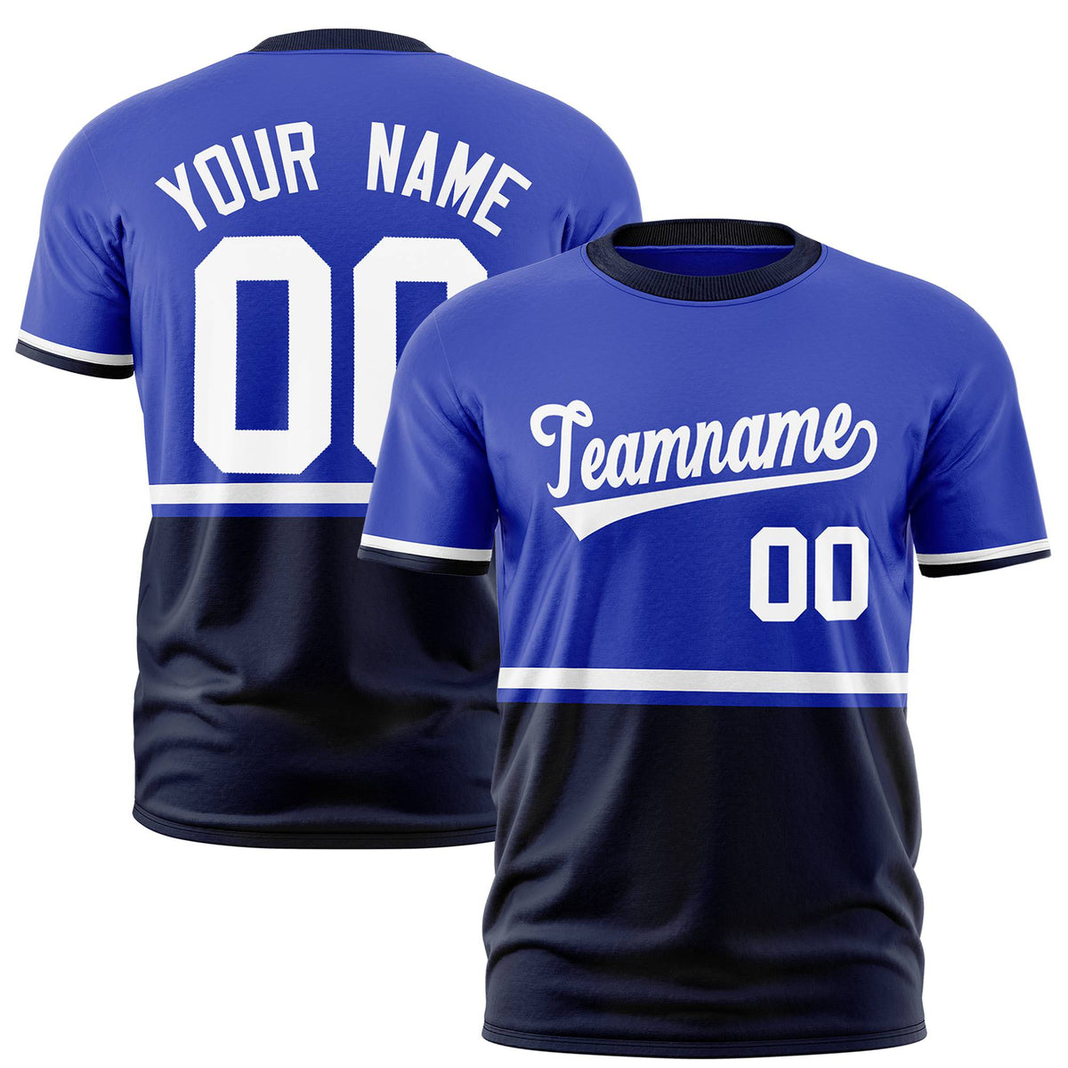 Custom Royal Blue White-Navy Crew neck Color Block Design Performance T-Shirt