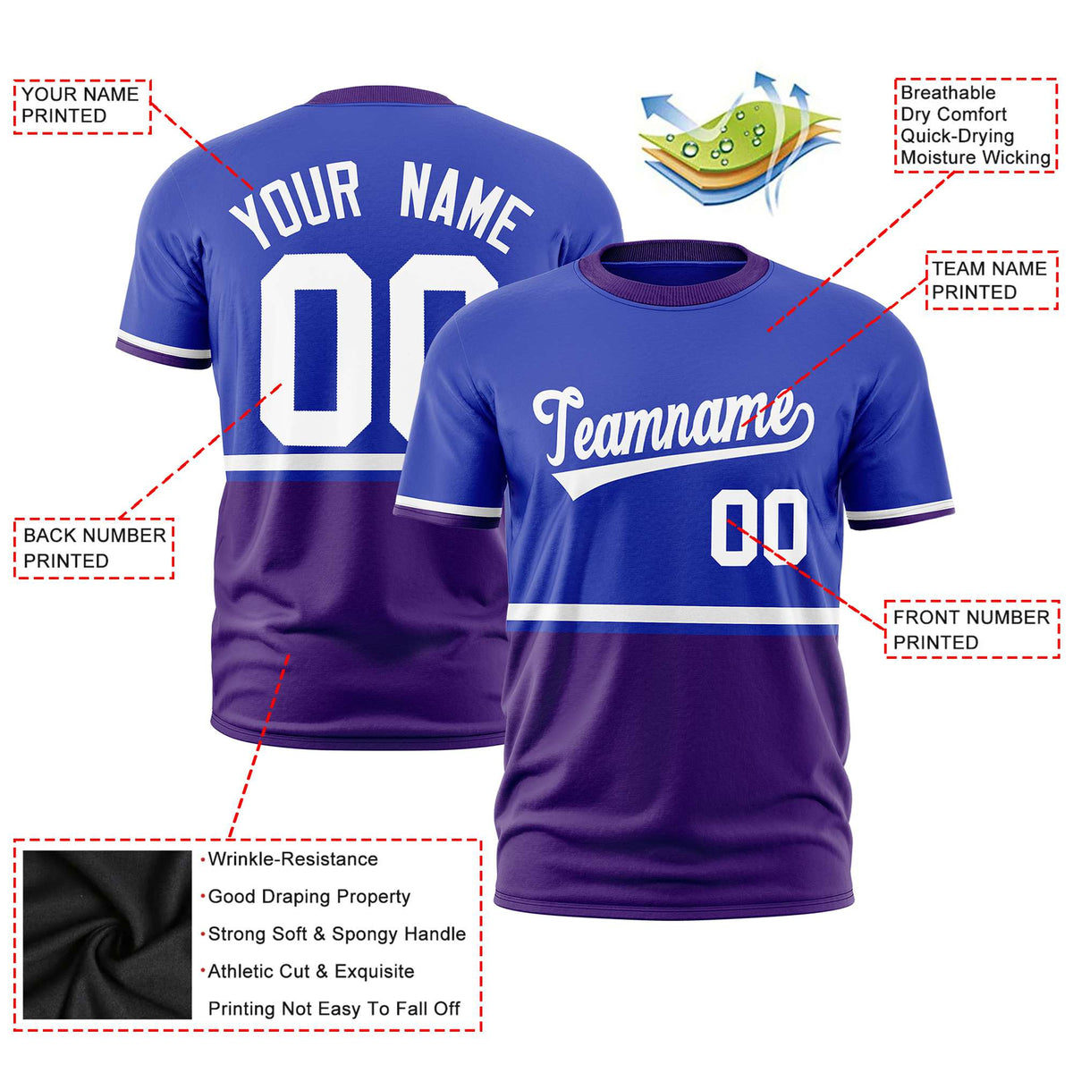 Custom Royal Blue White-Purple Crew neck Color Block Design Performance T-Shirt