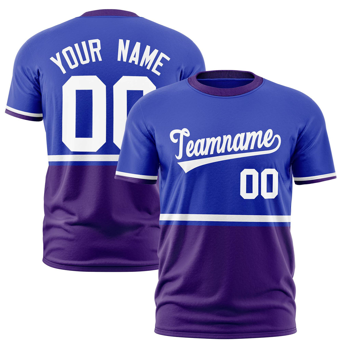 Custom Royal Blue White-Purple Crew neck Color Block Design Performance T-Shirt