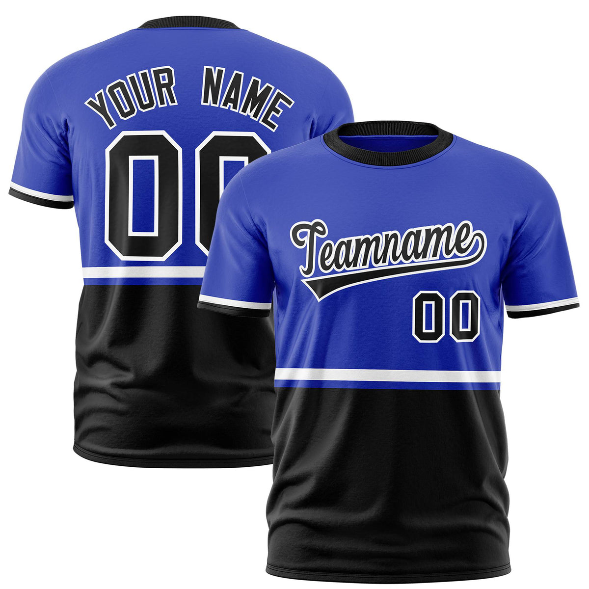 Custom Royal Blue White-Black Crew neck Color Block Design Performance T-Shirt