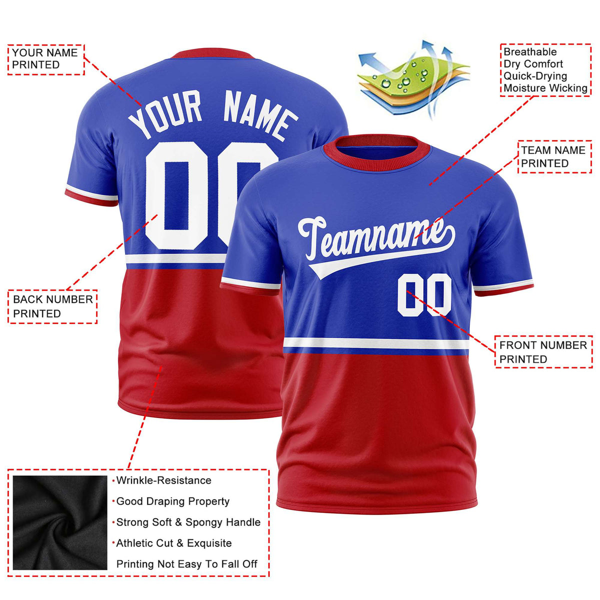 Custom Royal Blue White-Red Crew neck Color Block Design Performance T-Shirt