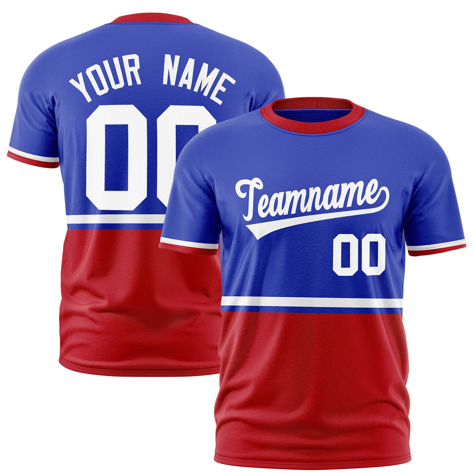 Custom Royal Blue White-Red Crew neck Color Block Design Performance T-Shirt
