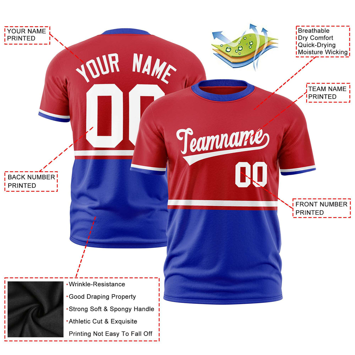 Custom Red White-Royal Blue Crew neck Color Block Design Performance T-Shirt