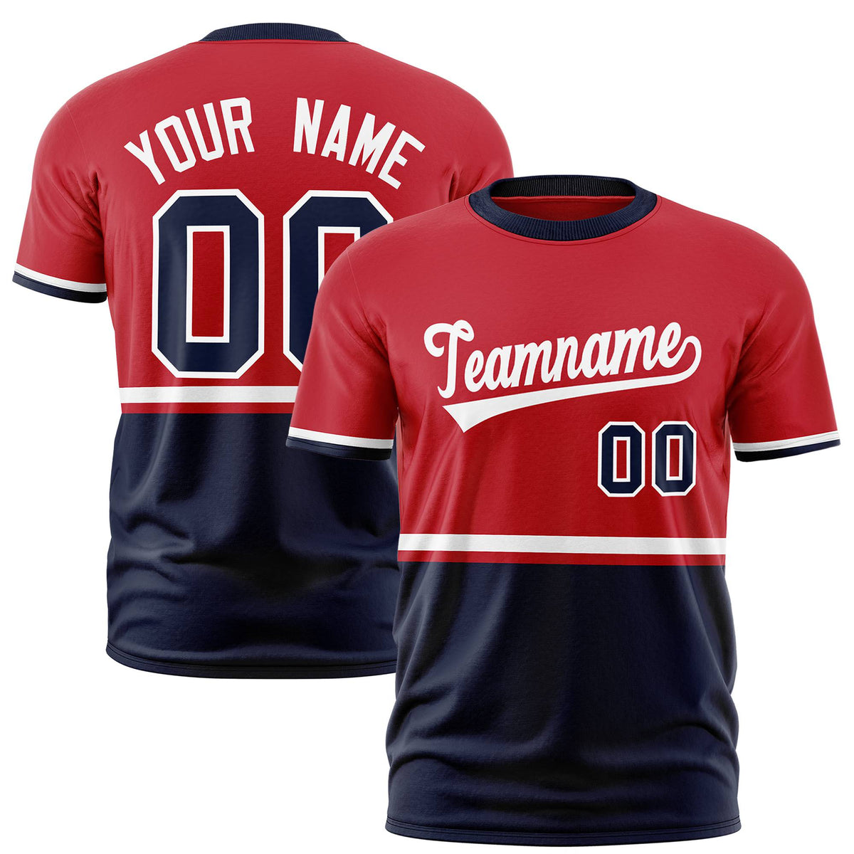 Custom Red White-Navy Crew neck Color Block Design Performance T-Shirt