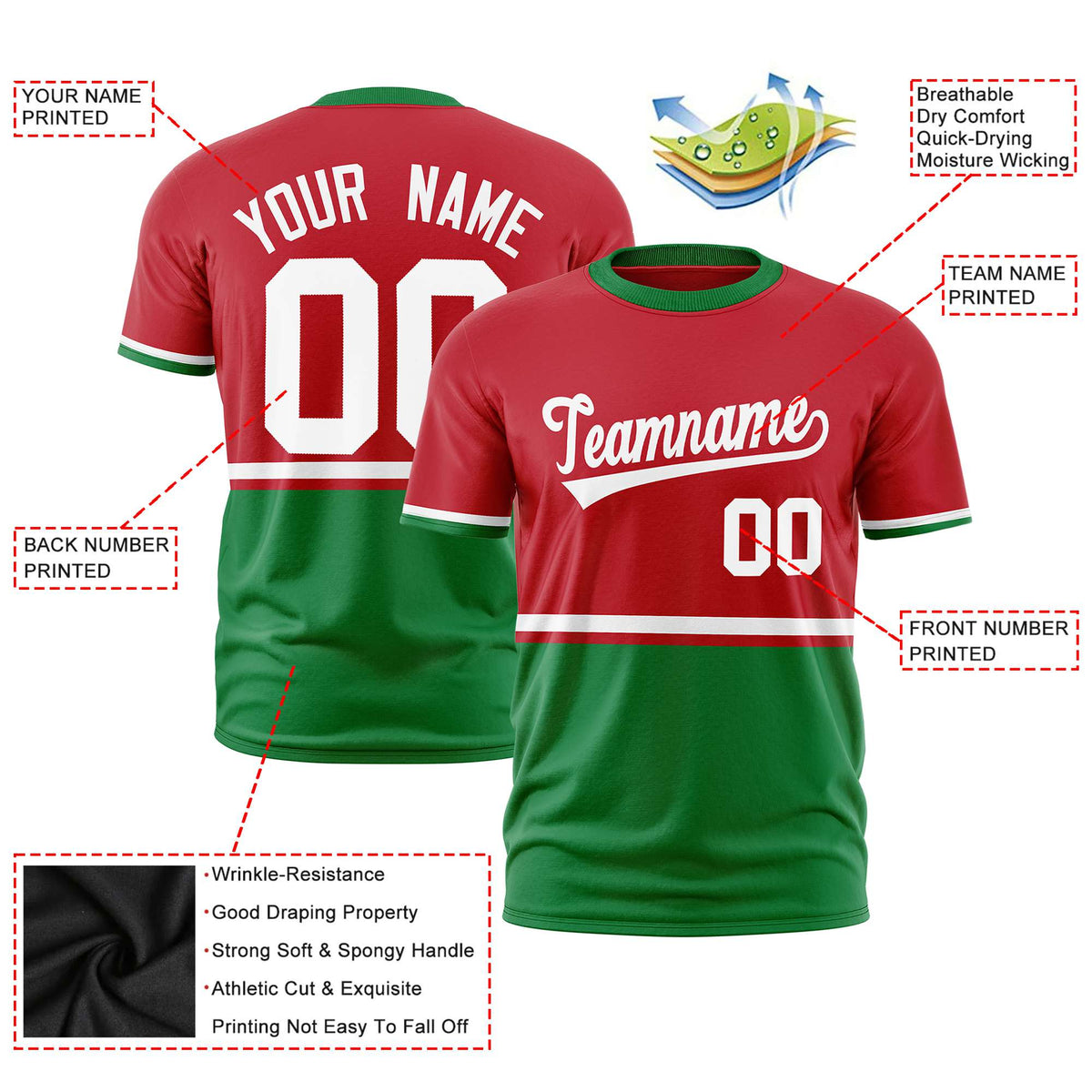 Custom Red White-Kelly Green Crew neck Color Block Design Performance T-Shirt