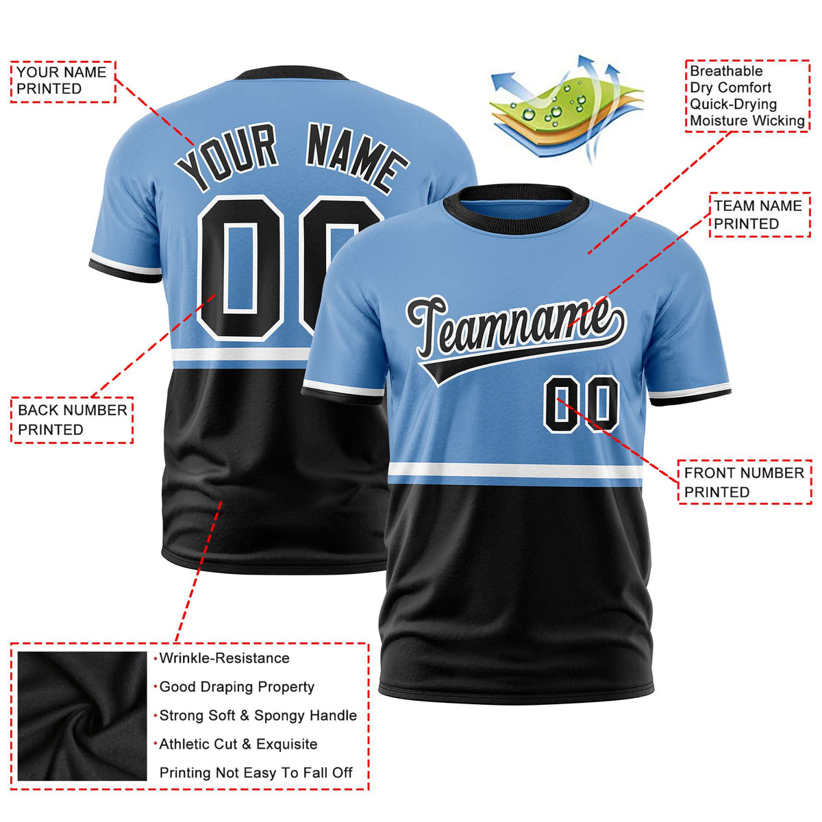 Custom Light Blue White-Black Crew neck Color Block Design Performance T-Shirt