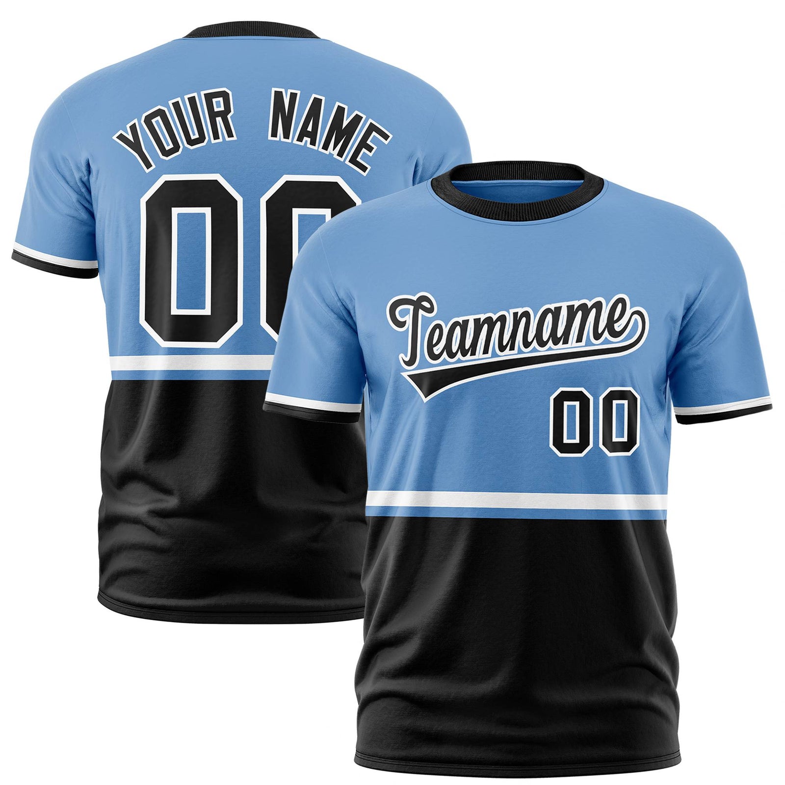 Custom Light Blue White-Black Crew neck Color Block Design Performance T-Shirt