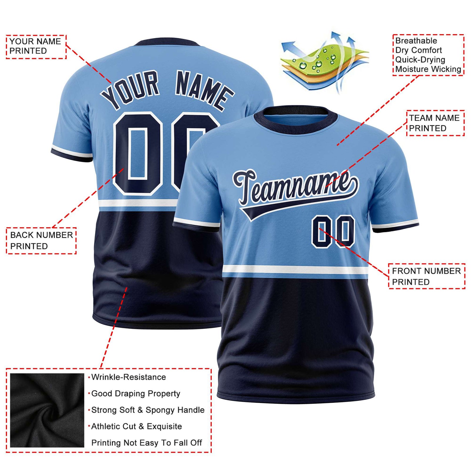 Custom Light Blue White-Navy Crew neck Color Block Design Performance T-Shirt