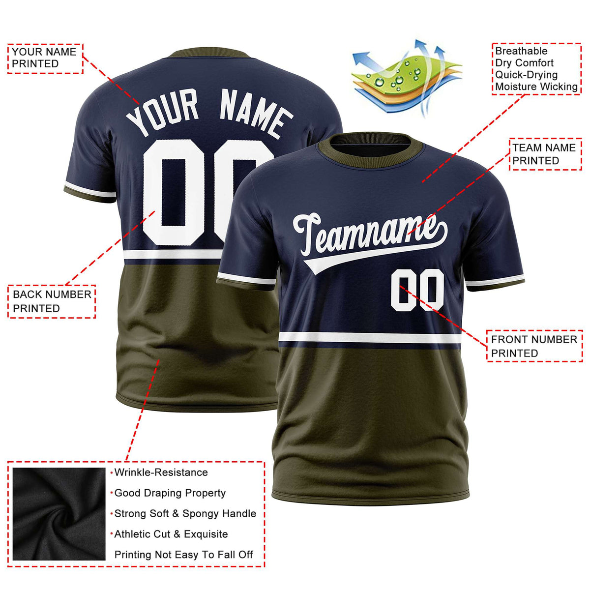 Custom Navy White-Olive Crew neck Color Block Design Performance T-Shirt