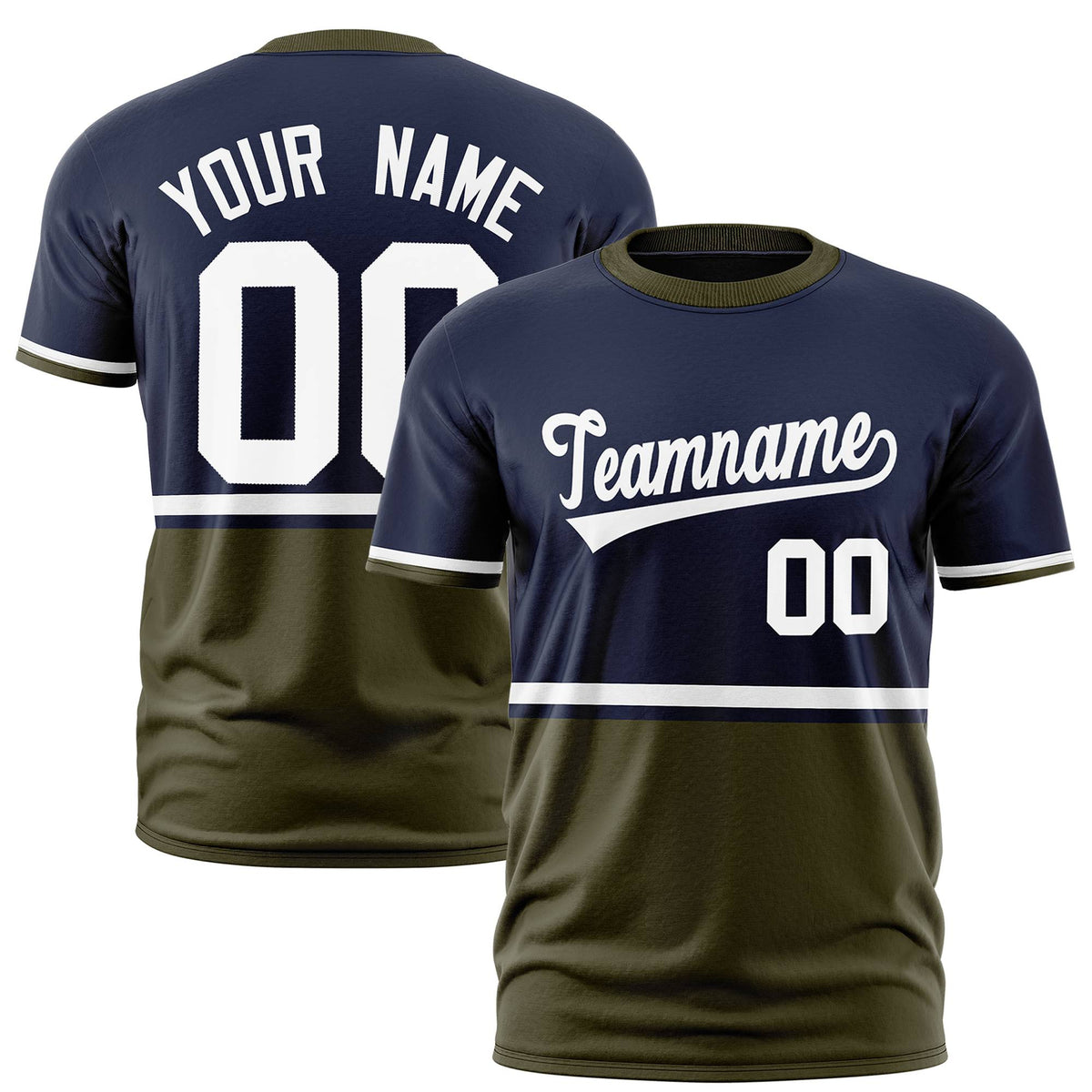Custom Navy White-Olive Crew neck Color Block Design Performance T-Shirt