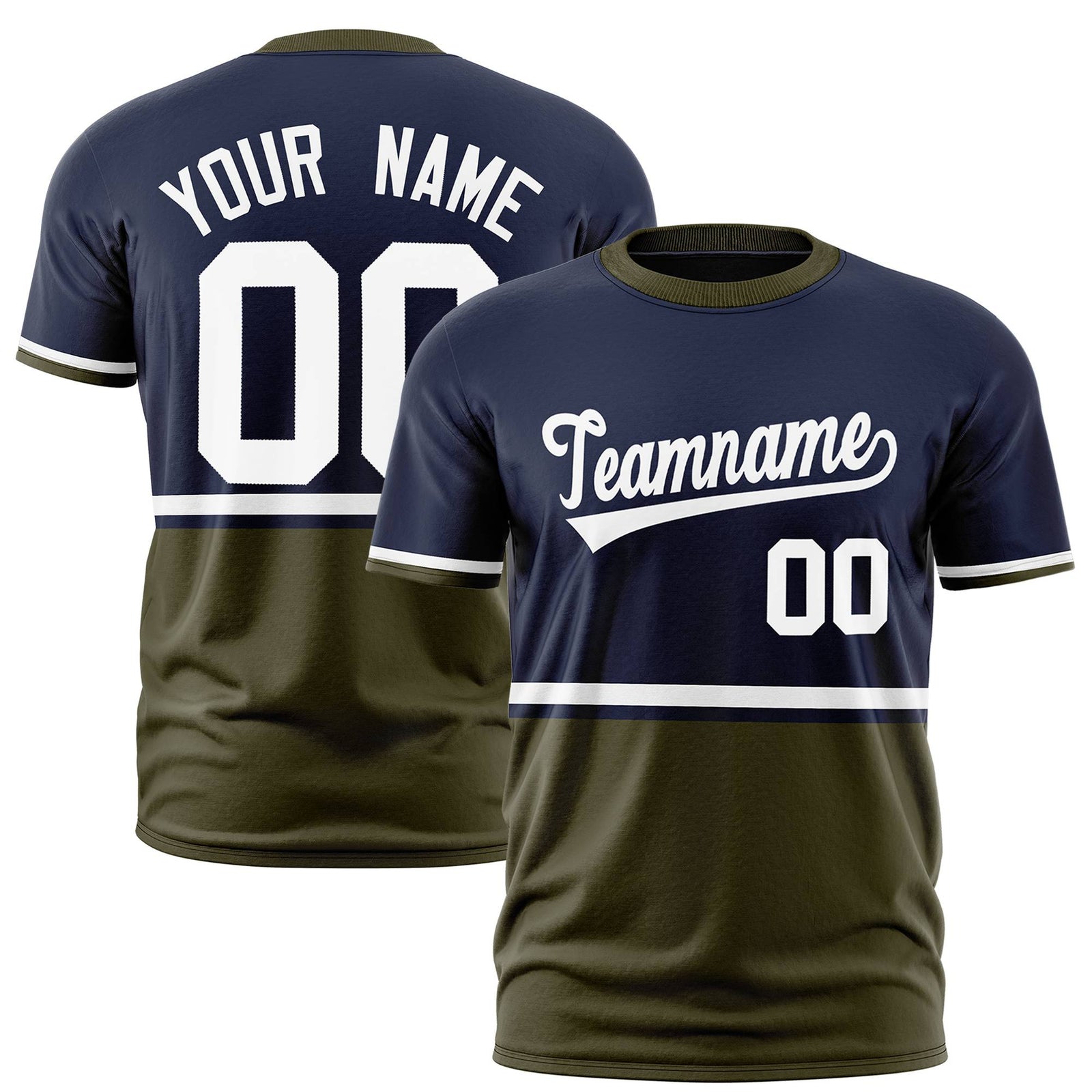 Custom Navy White-Olive Crew neck Color Block Design Performance T-Shirt