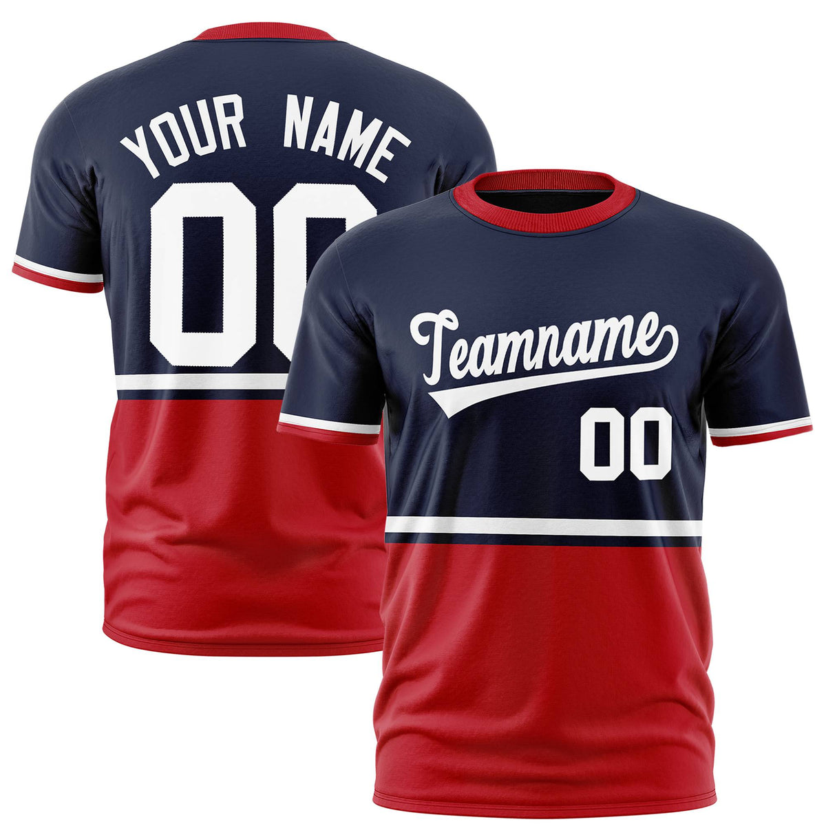Custom Navy White-Red Crew neck Color Block Design Performance T-Shirt