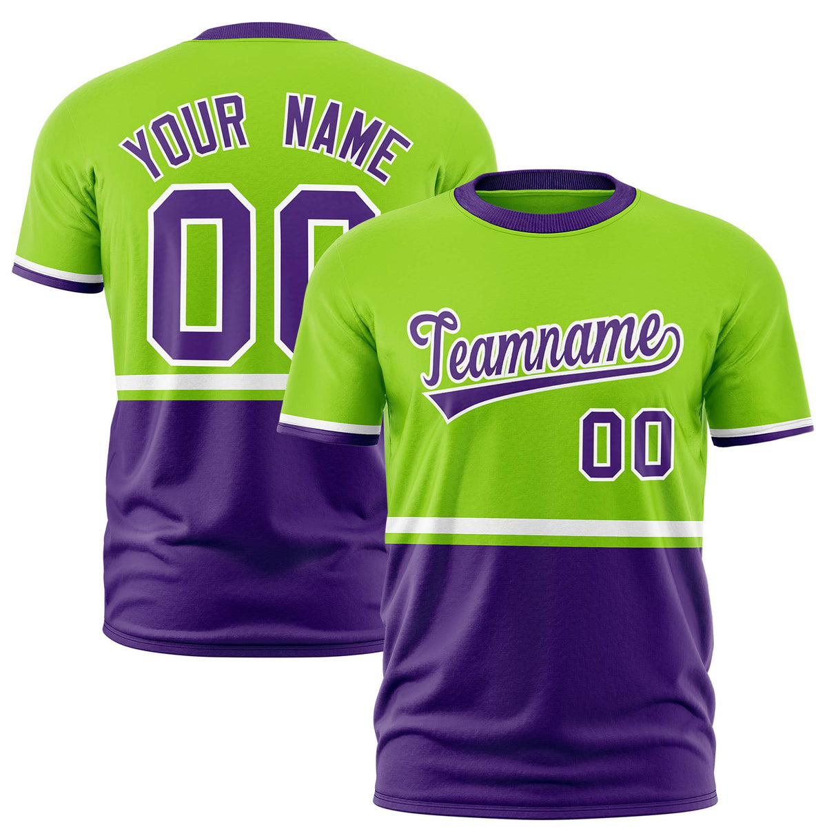 Custom Neon Green White-Purple Crew neck Color Block Design Performance T-Shirt