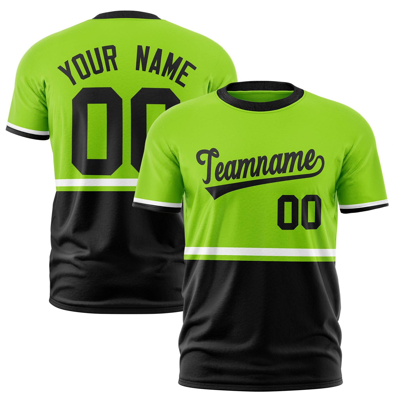 Custom Neon Green White-Black Crew neck Color Block Design Performance T-Shirt