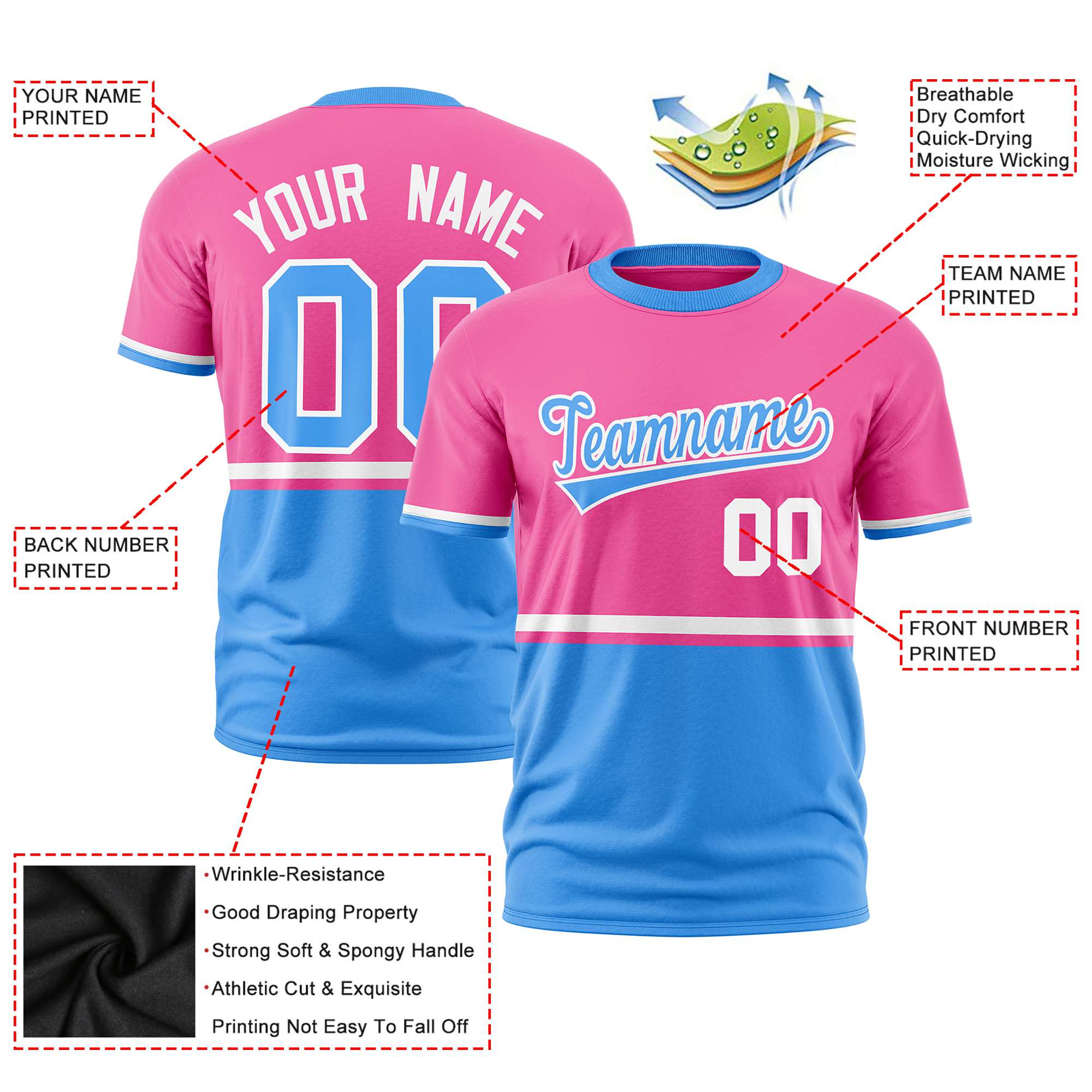 Custom Pink White-Powder Blue Crew neck Color Block Design Performance T-Shirt