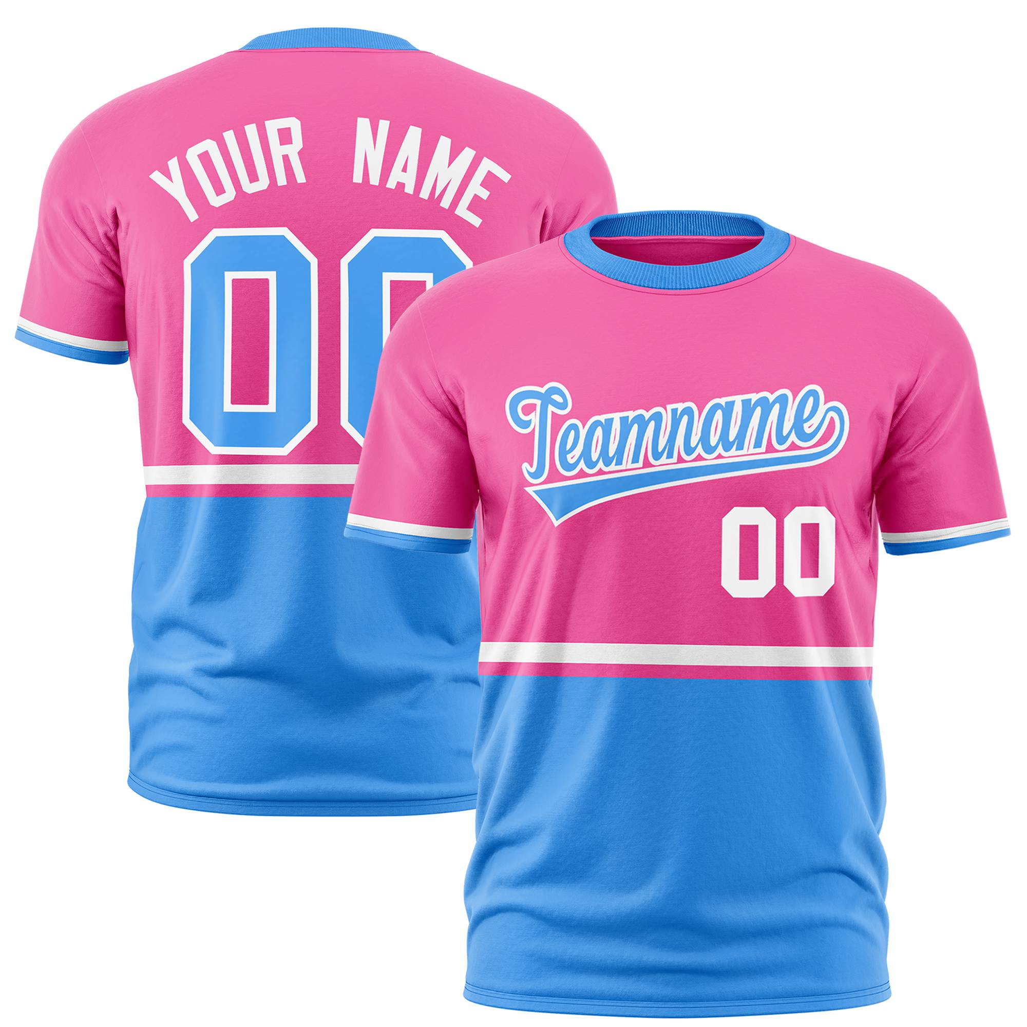 Custom Pink White-Powder Blue Crew neck Color Block Design Performance T-Shirt