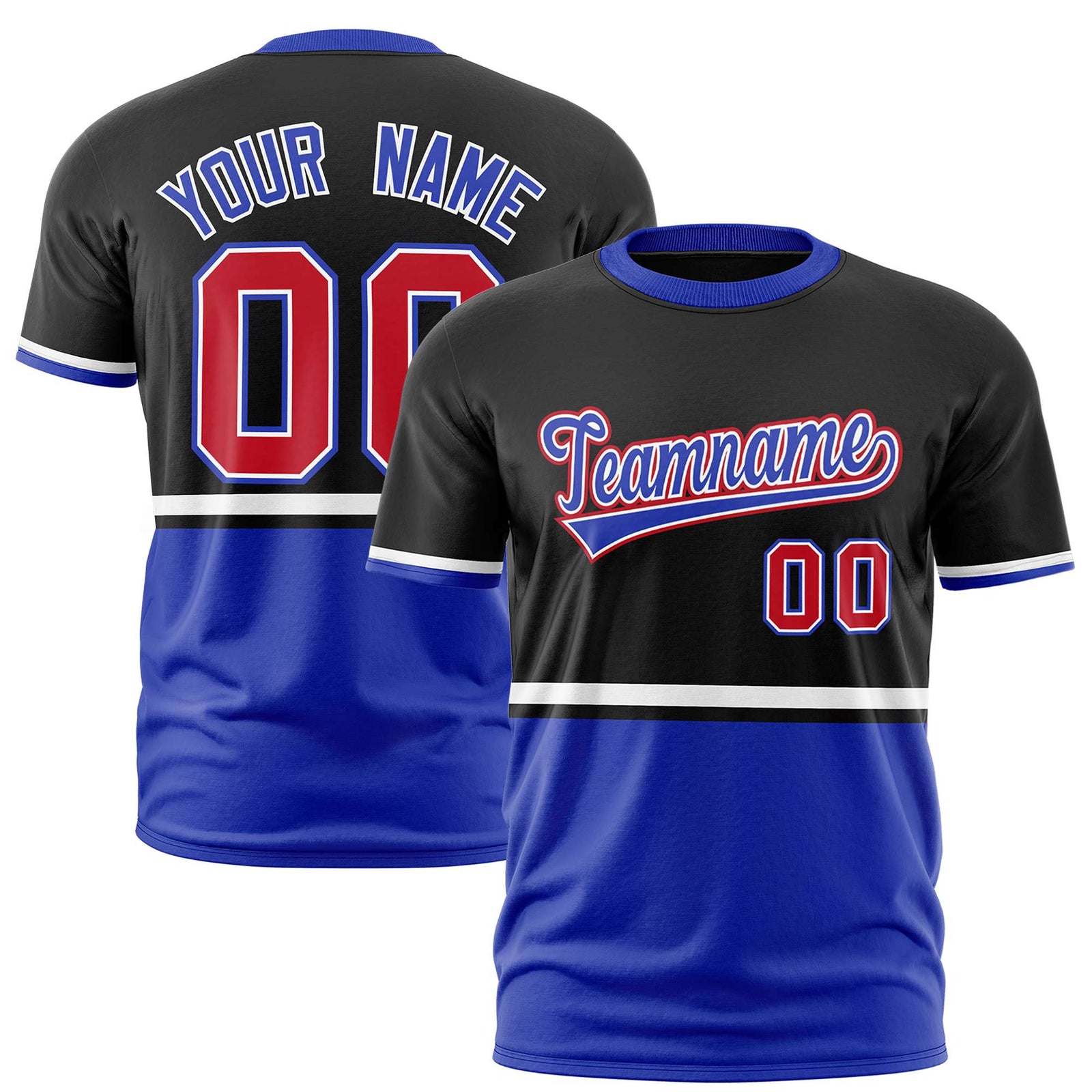 Custom Black White-Royal Blue Crew neck Color Block Design Performance T-Shirt