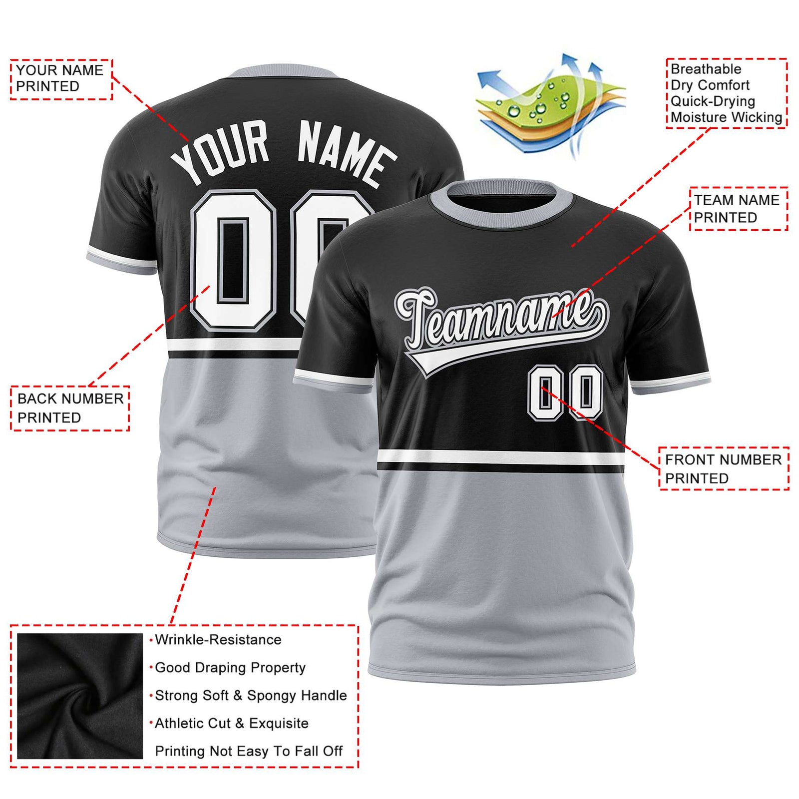 Custom Black White-Gray Crew neck Color Block Design Performance T-Shirt