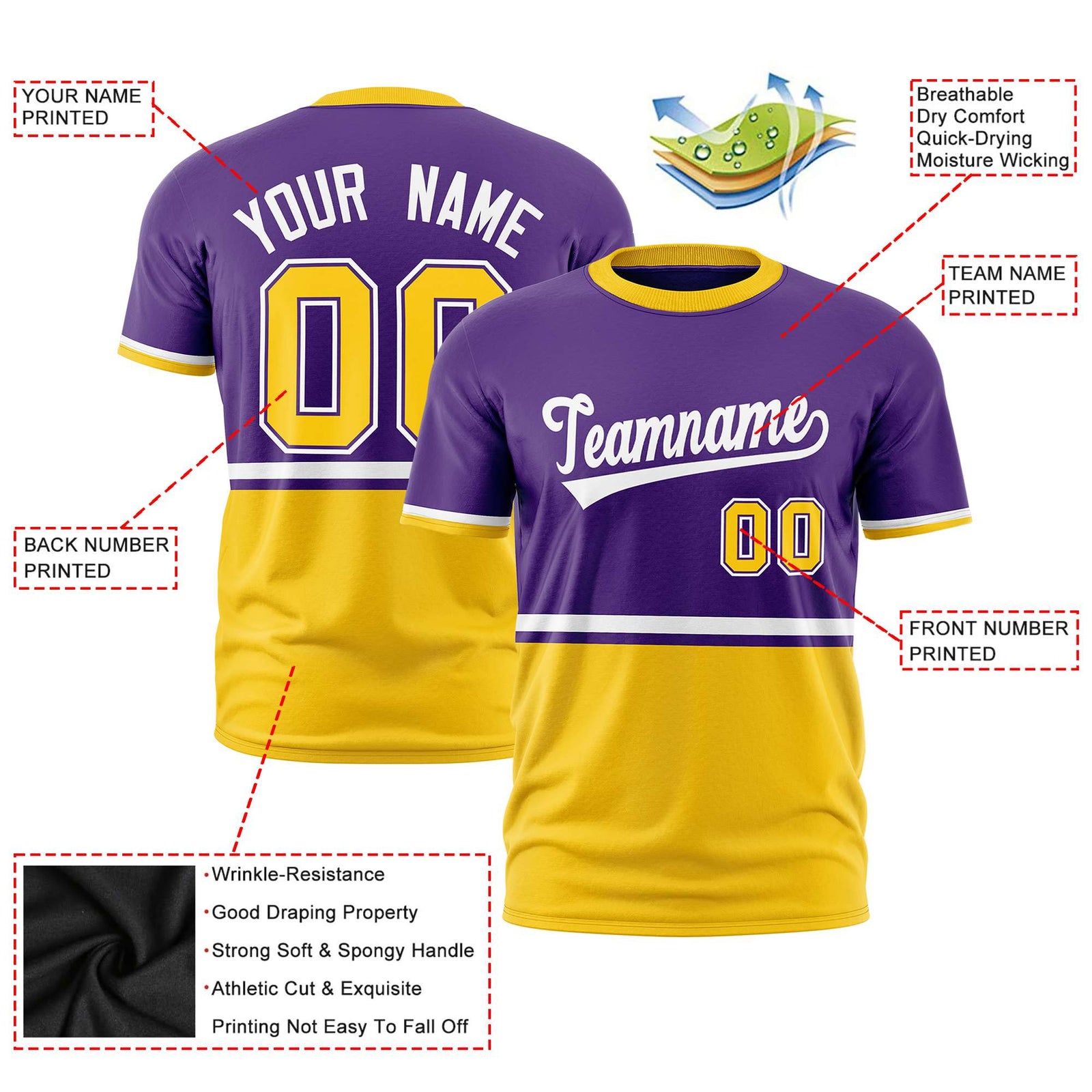 Custom Purple White-Gold-01 Crew neck Color Block Design Performance T-Shirt