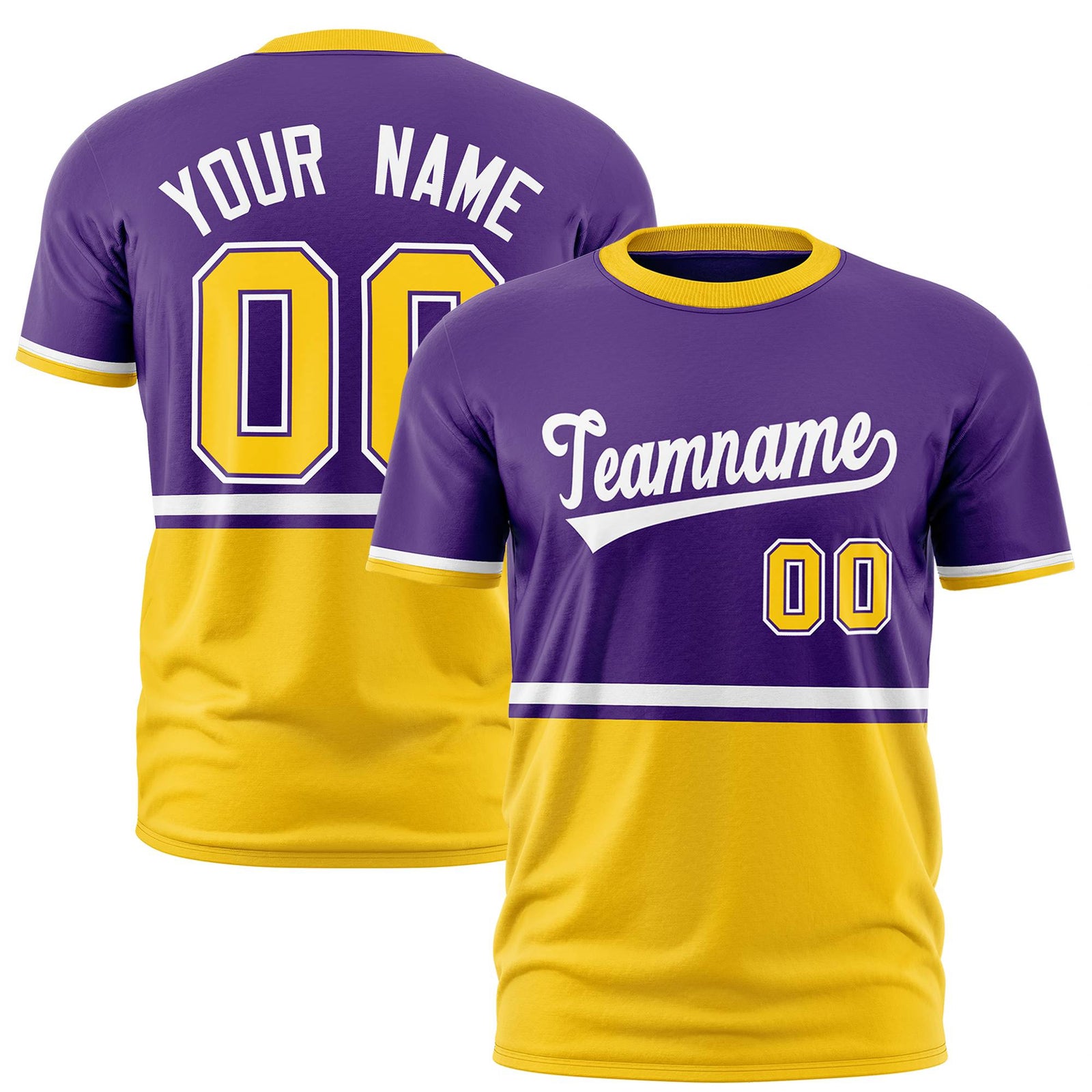 Custom Purple White-Gold-01 Crew neck Color Block Design Performance T-Shirt