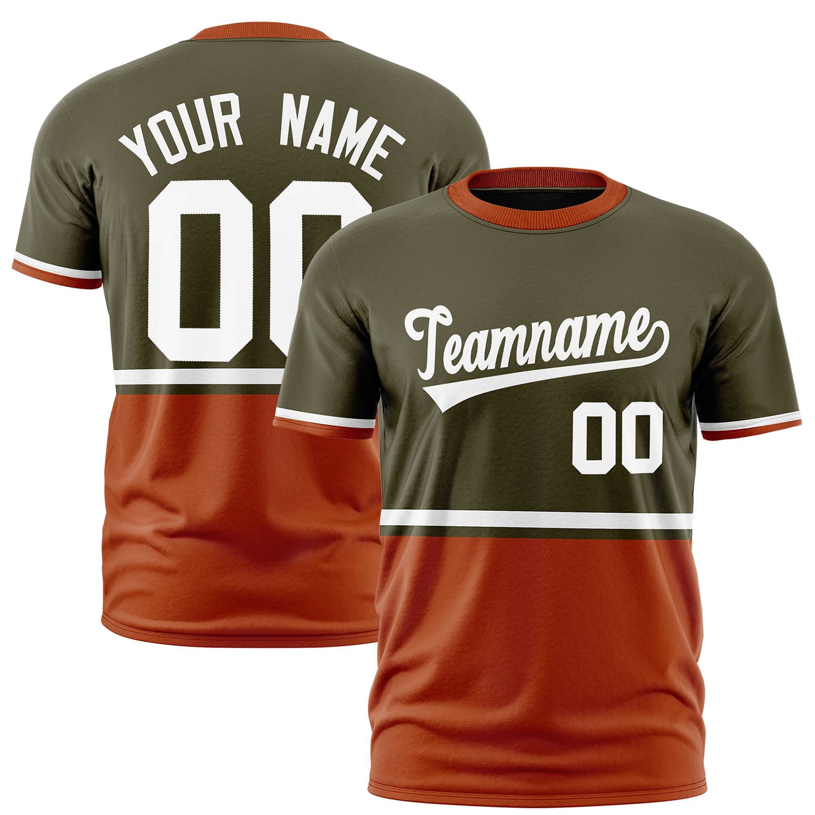 Custom Olive White-Orange Crew neck Color Block Design Performance T-Shirt