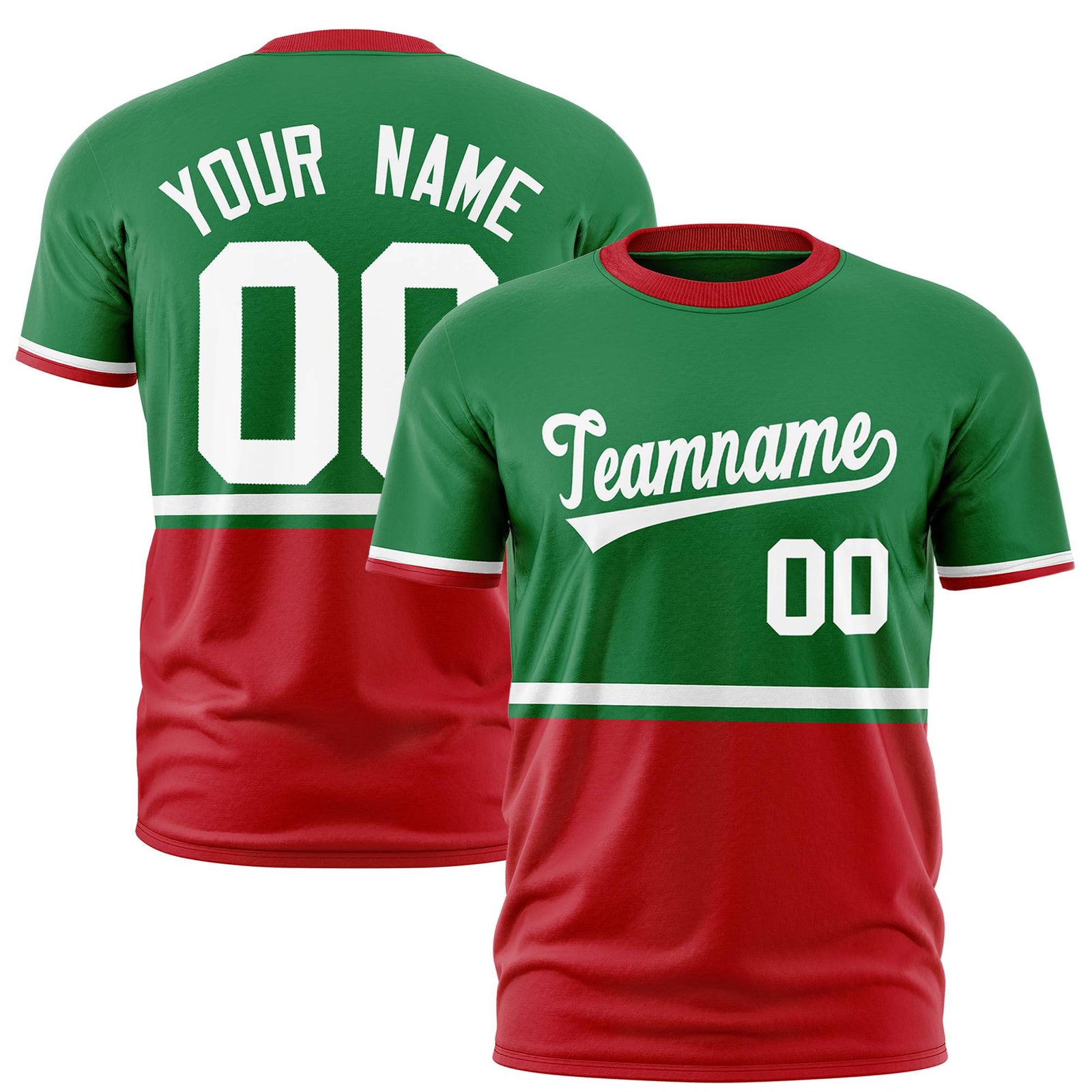 Custom Kelly Green White-Red Crew neck Color Block Design Performance T-Shirt