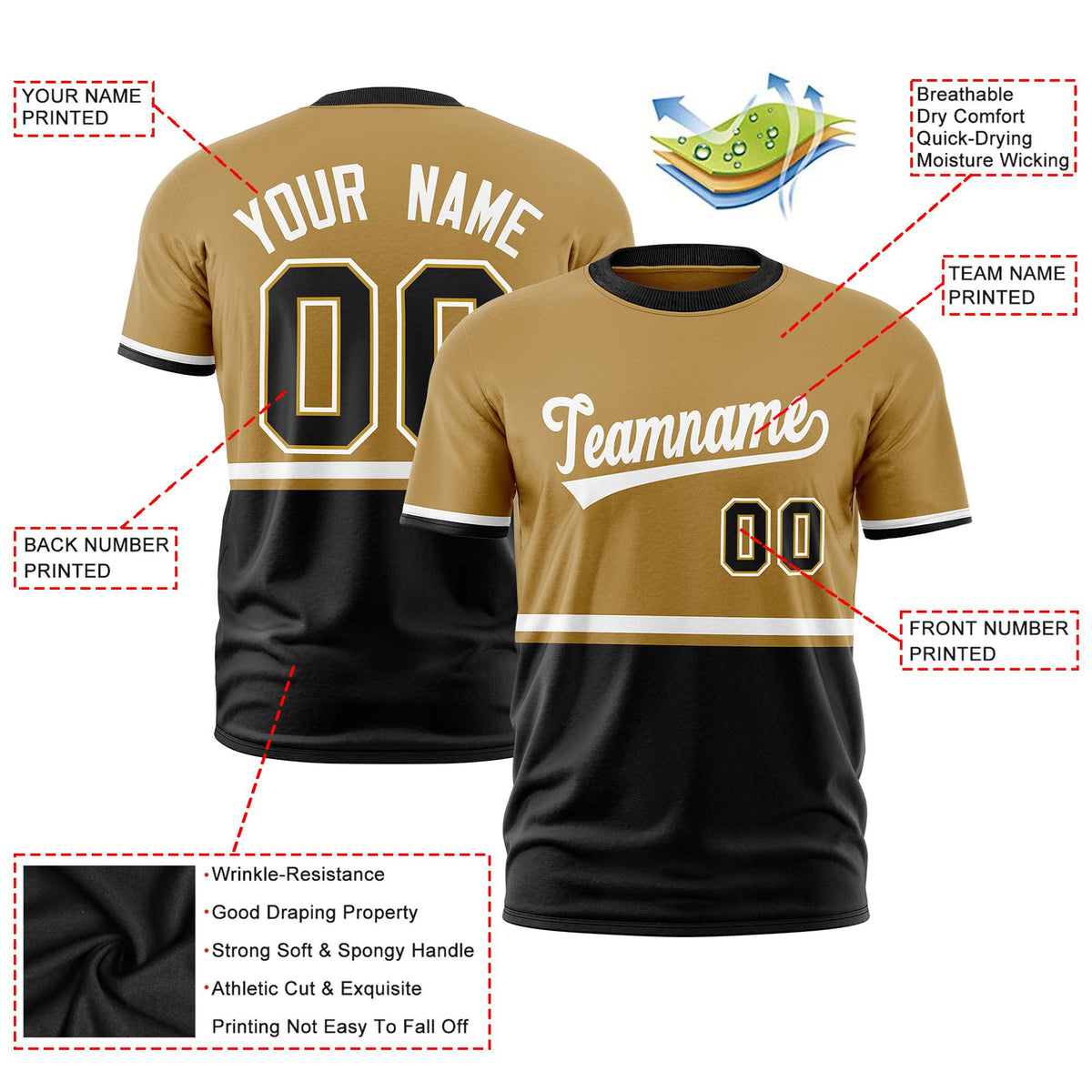 Custom Old Gold White-Black Crew neck Color Block Design Performance T-Shirt