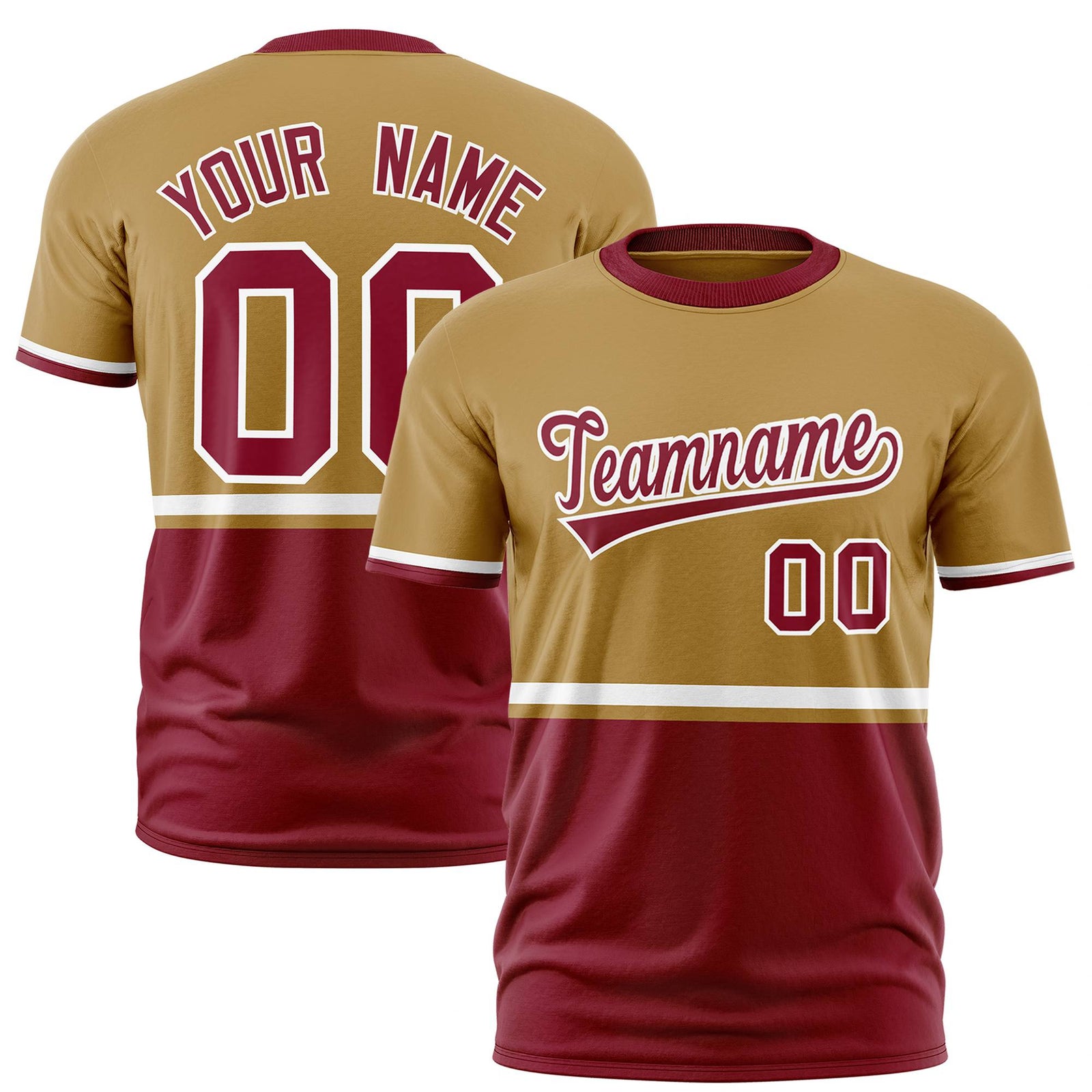 Custom Old Gold White-Crimson Crew neck Color Block Design Performance T-Shirt