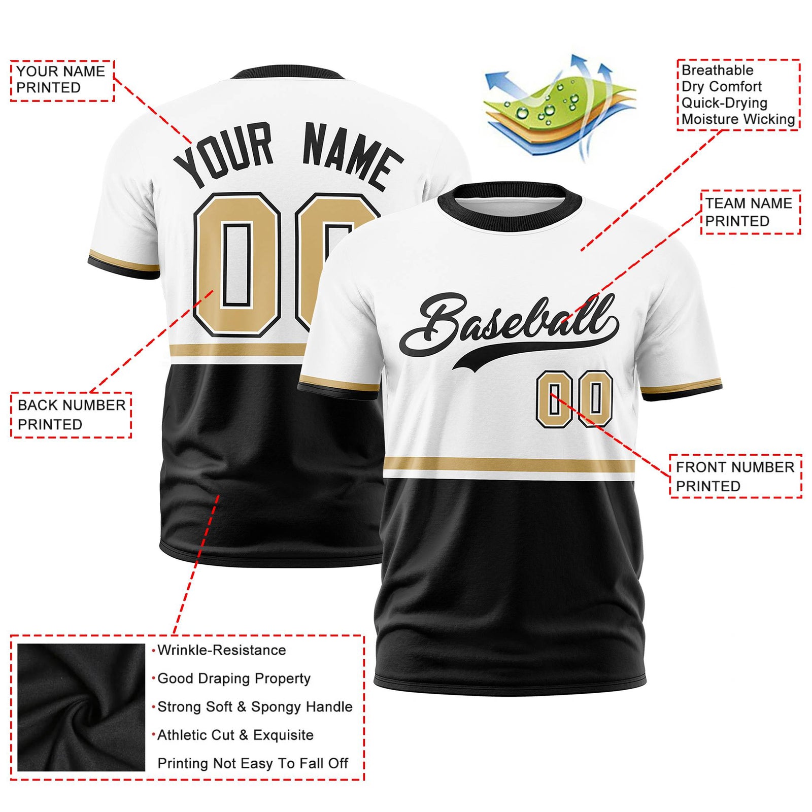 Custom White Old Gold-Black Crew neck Color Block Design Performance T-Shirt