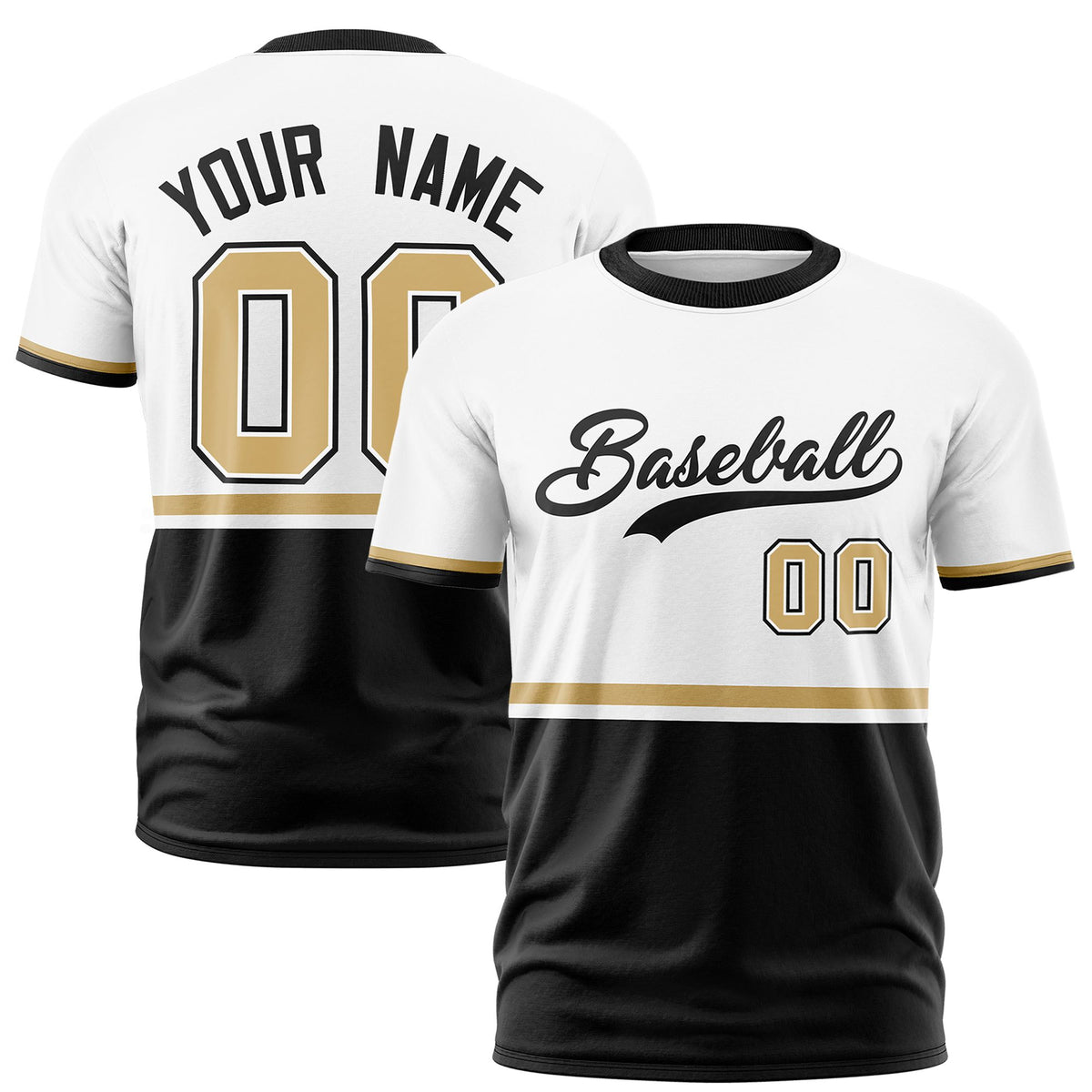 Custom White Old Gold-Black Crew neck Color Block Design Performance T-Shirt