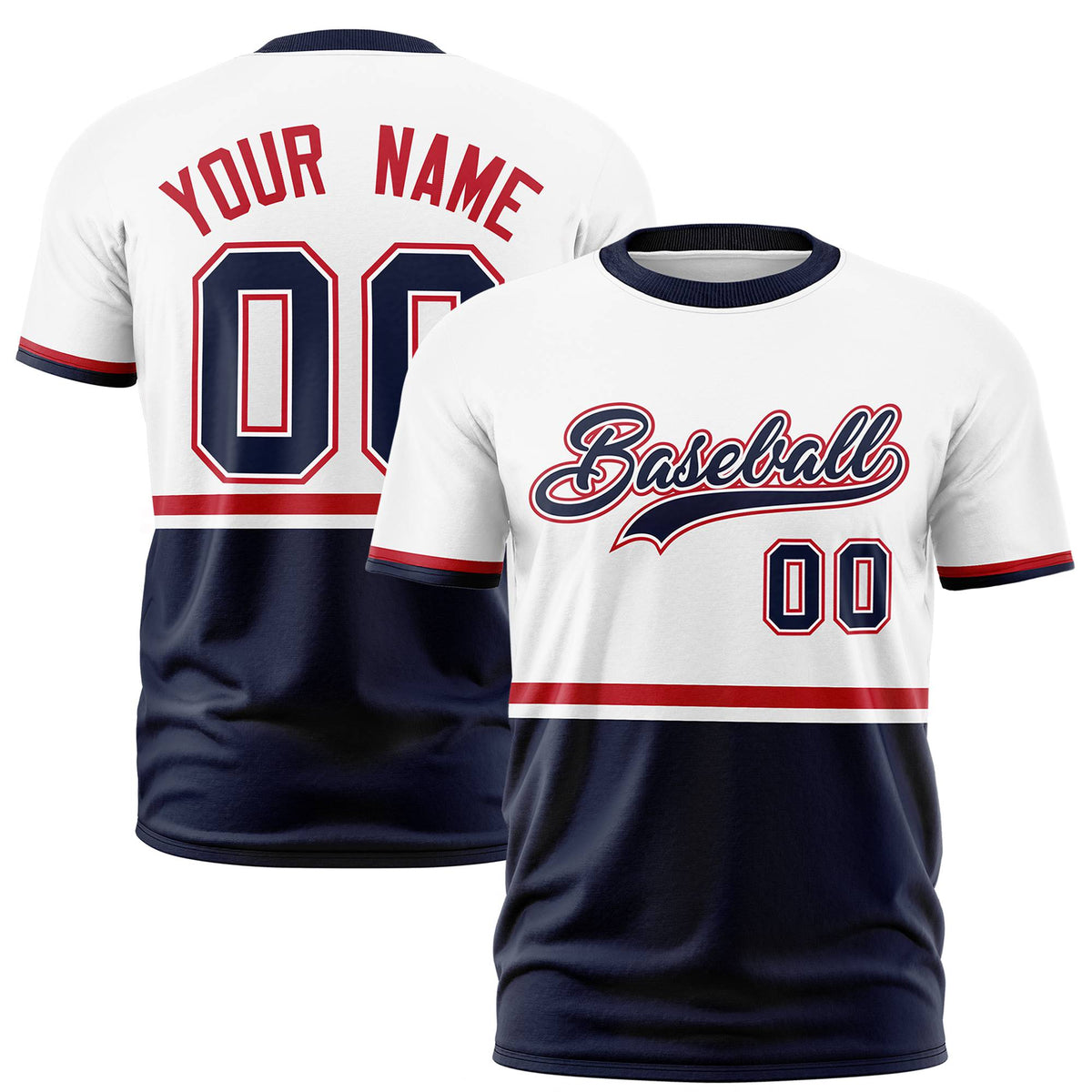 Custom White Red-Navy Crew neck Color Block Design Performance T-Shirt