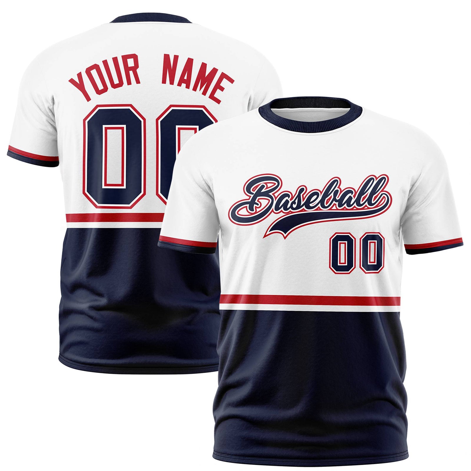 Custom White Red-Navy Crew neck Color Block Design Performance T-Shirt