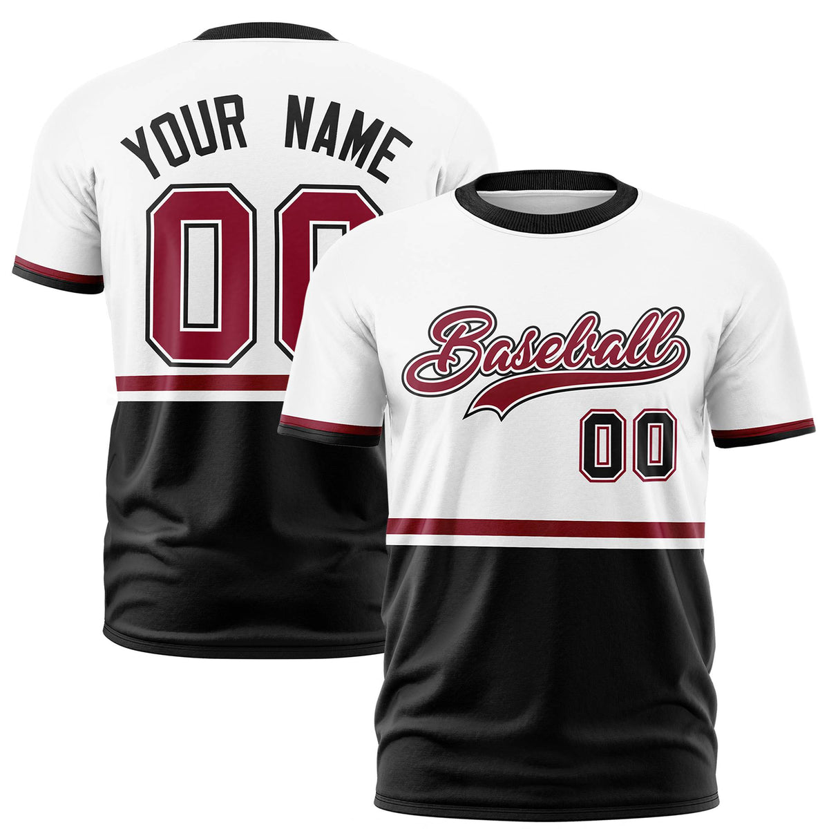 Custom White Crimson-Black Crew neck Color Block Design Performance T-Shirt